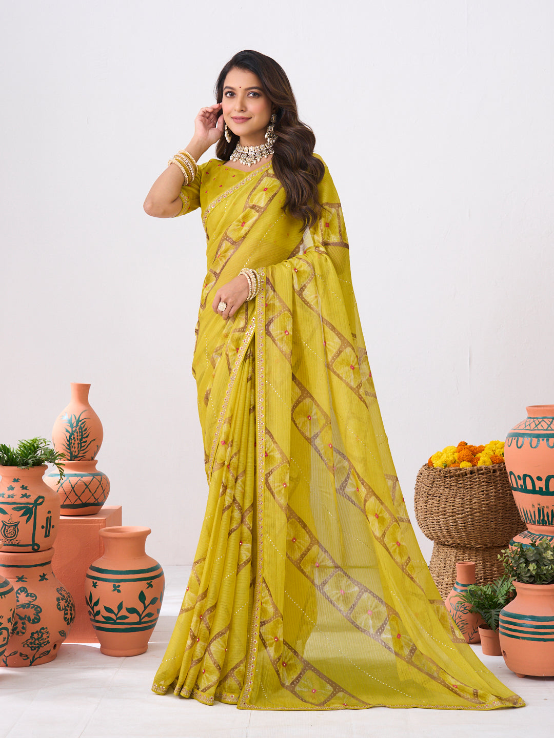 Laxmipati Ishita Yellow Geometric Printed Silk Saree