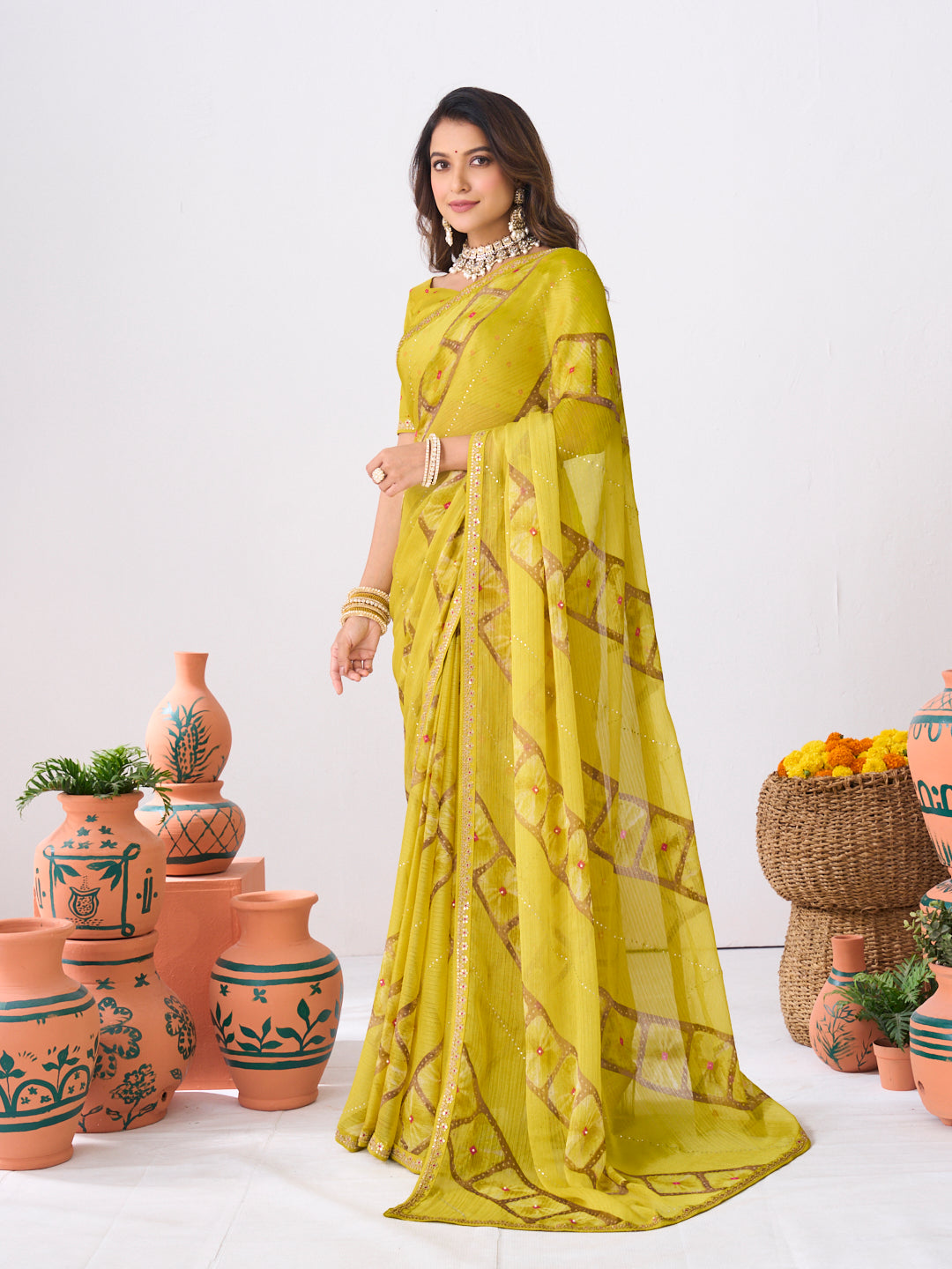 Laxmipati Ishita Yellow Geometric Printed Silk Saree