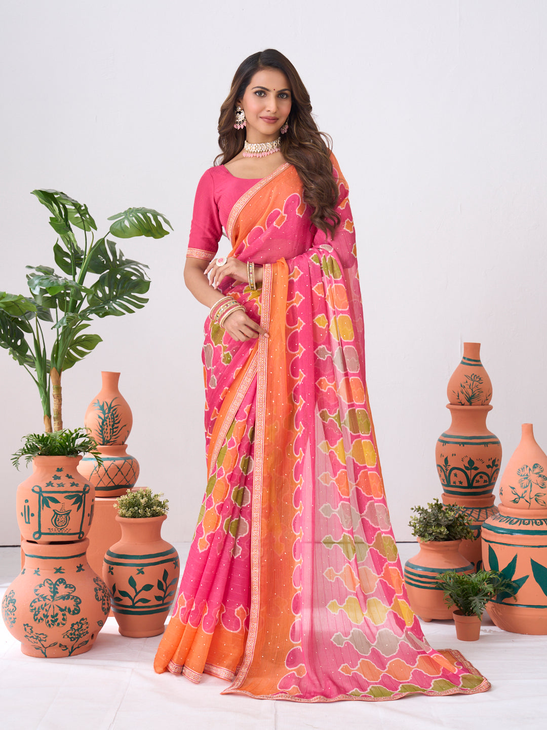 Laxmipati Ishita Pink Geometric Printed Chiffon Saree