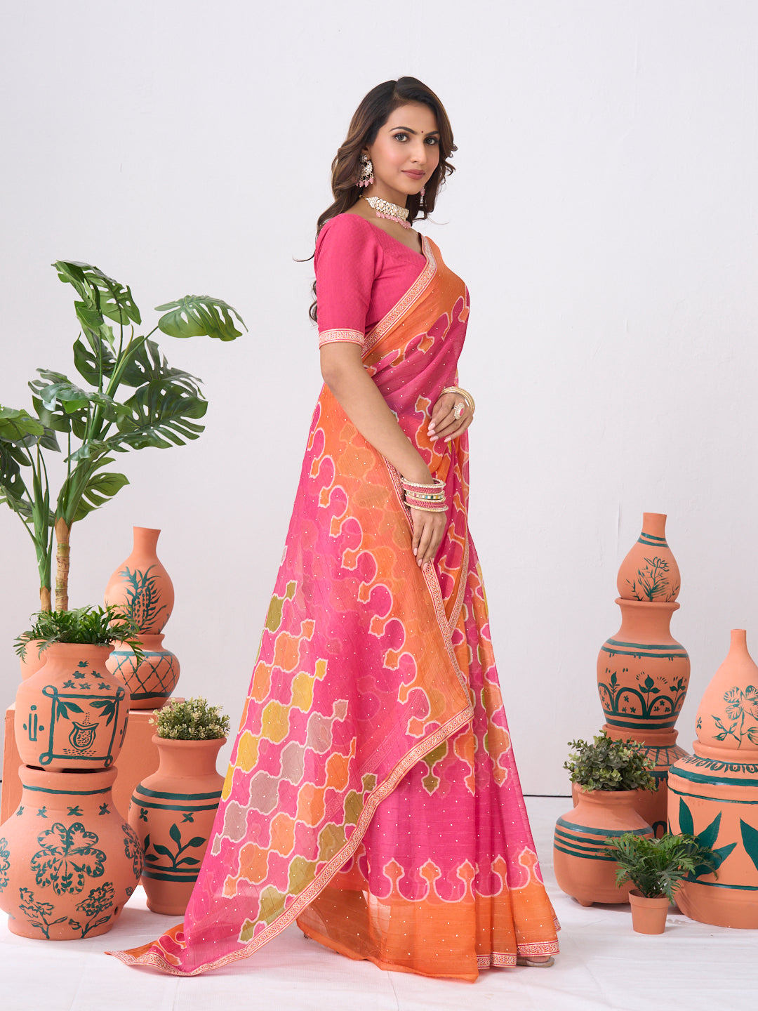 Laxmipati Ishita Pink Geometric Printed Chiffon Saree