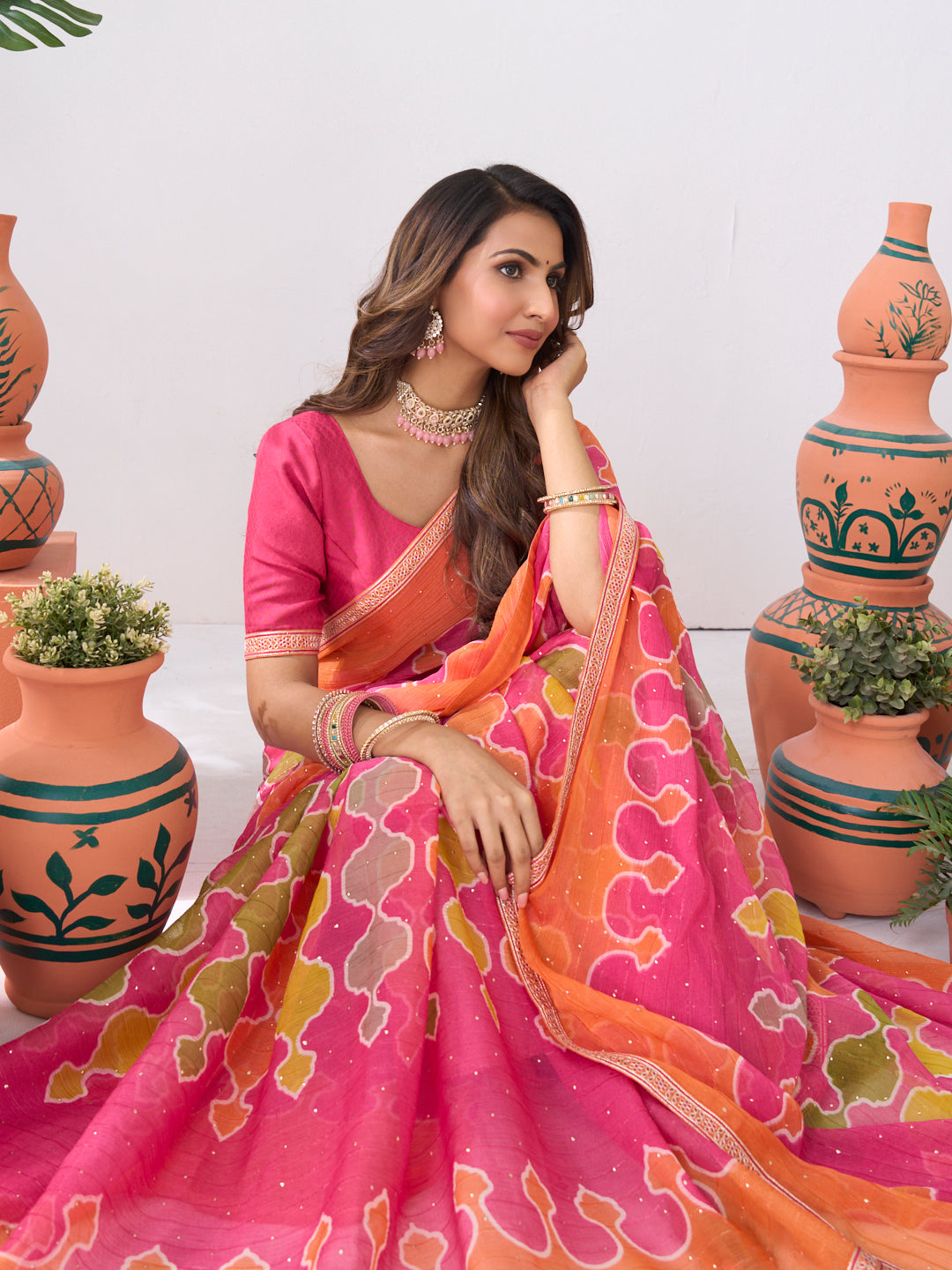 Laxmipati Ishita Pink Geometric Printed Chiffon Saree