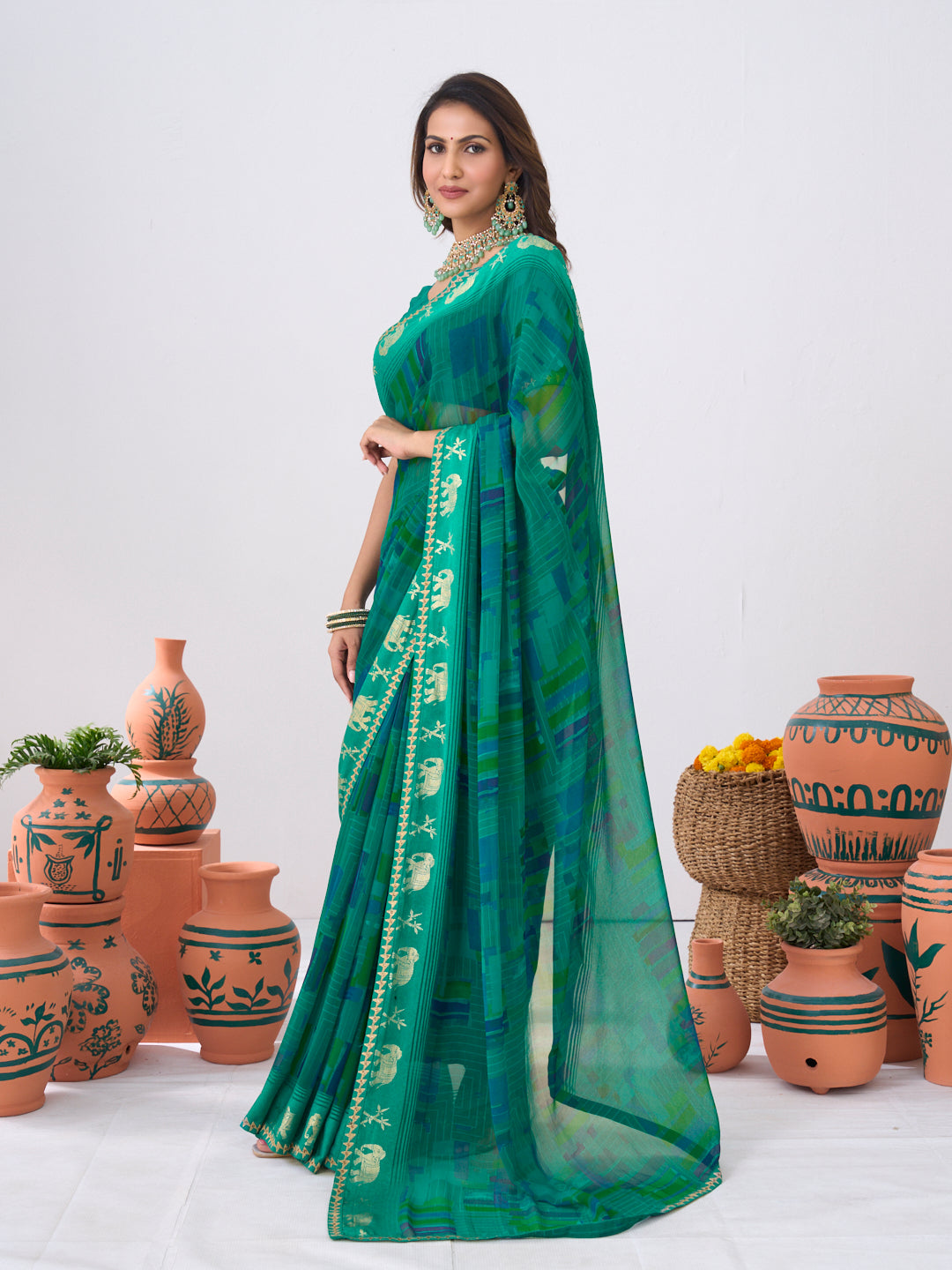 Laxmipati Ishita Teal Blue Geometric Printed Georgette Saree