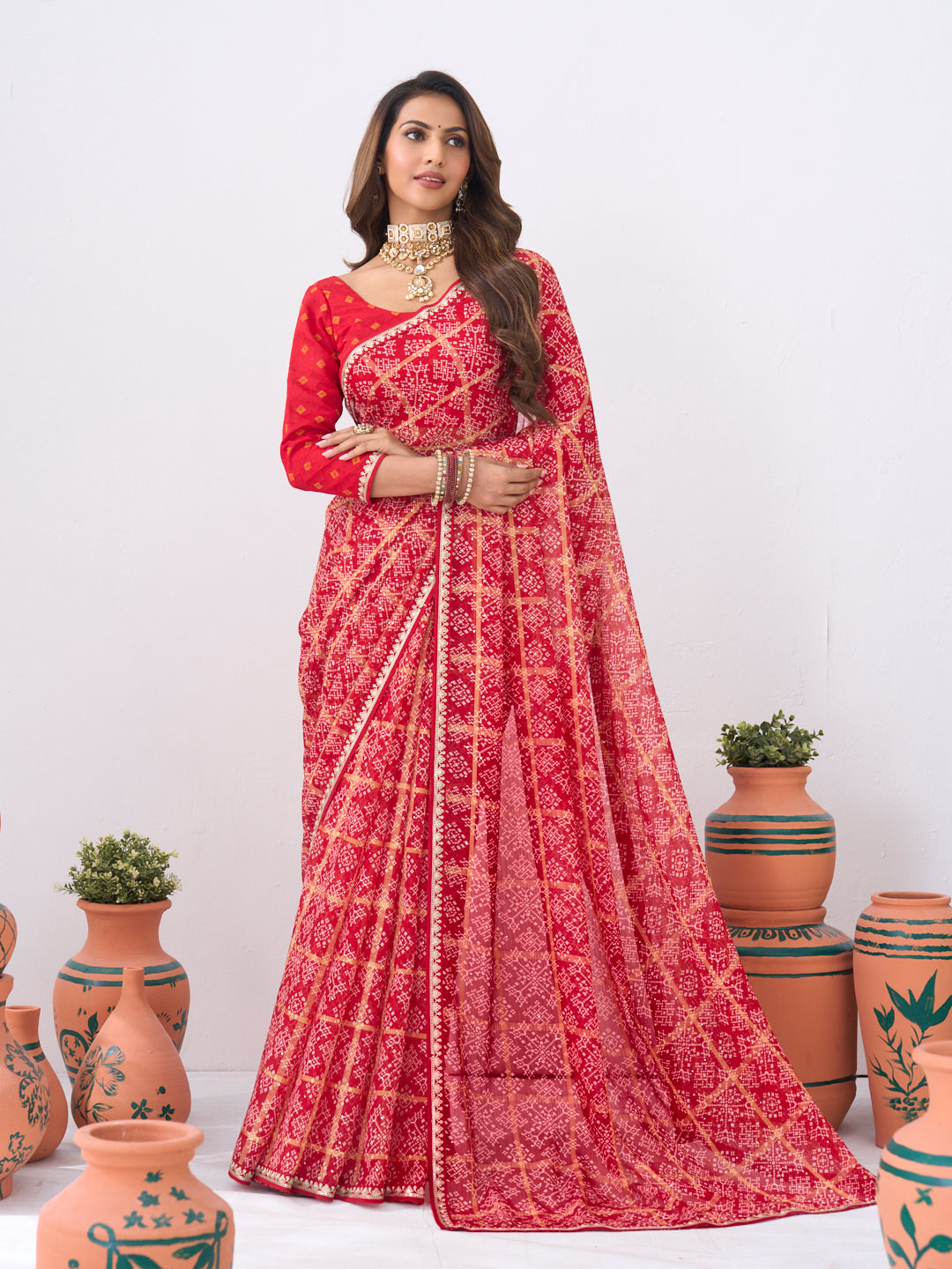 Laxmipati Ishita Red Floral Printed Chiffon Saree