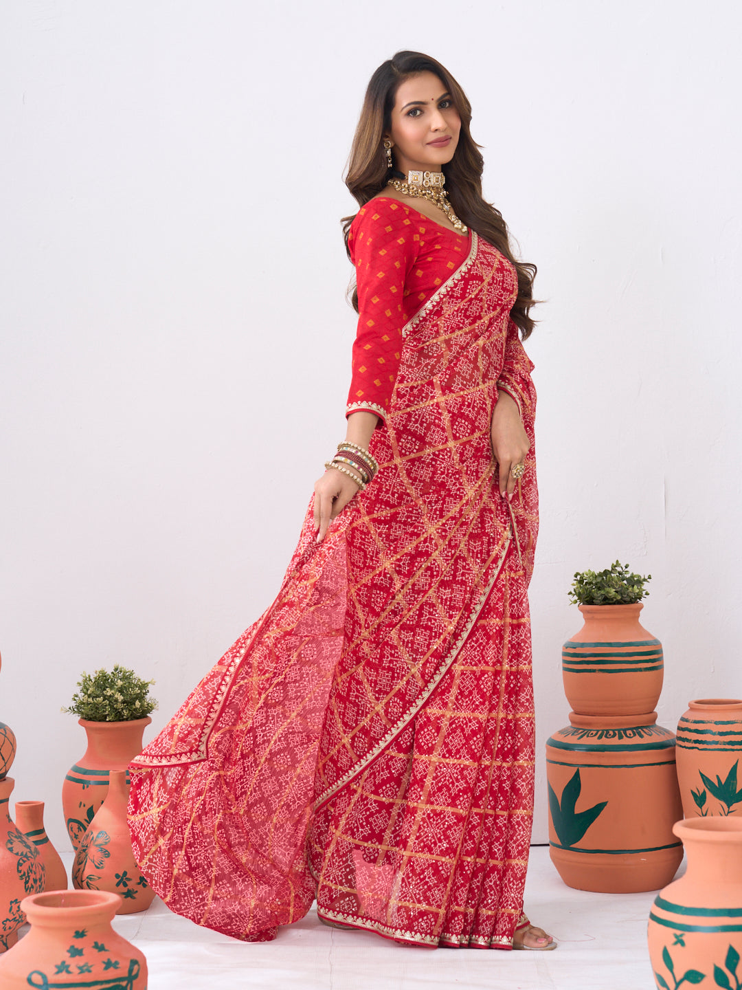 Laxmipati Ishita Red Floral Printed Chiffon Saree