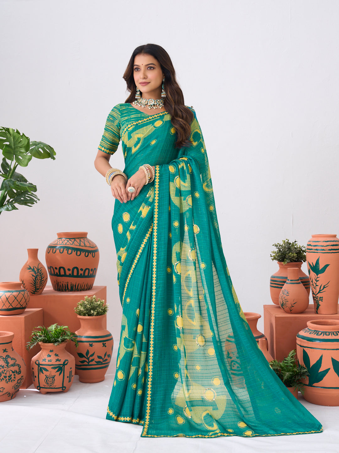 Laxmipati Ishita Teal Blue Geometric Printed Chiffon Saree