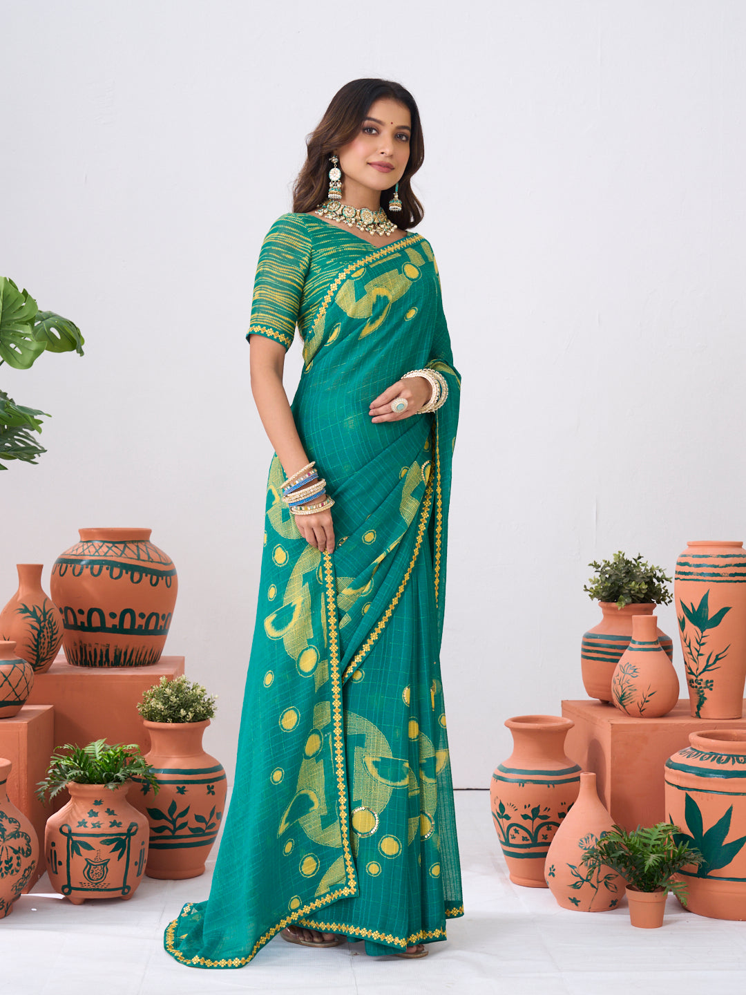 Laxmipati Ishita Teal Blue Geometric Printed Chiffon Saree