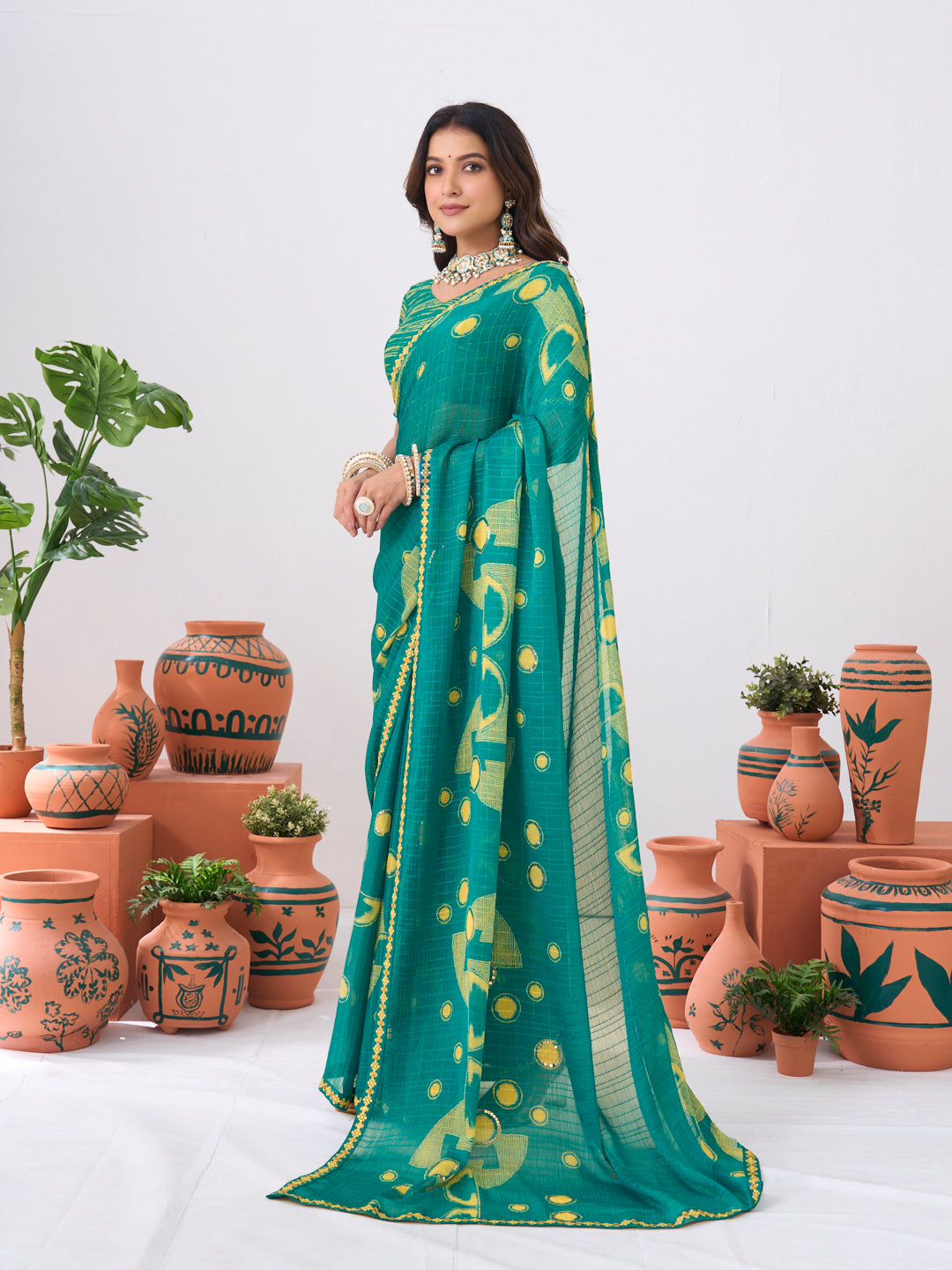 Laxmipati Ishita Teal Blue Geometric Printed Chiffon Saree