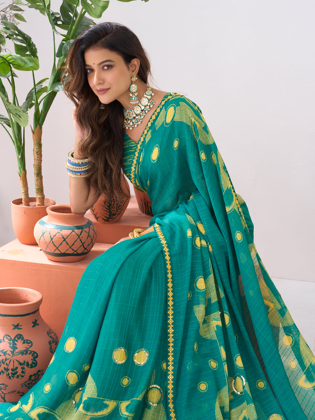 Laxmipati Ishita Teal Blue Geometric Printed Chiffon Saree