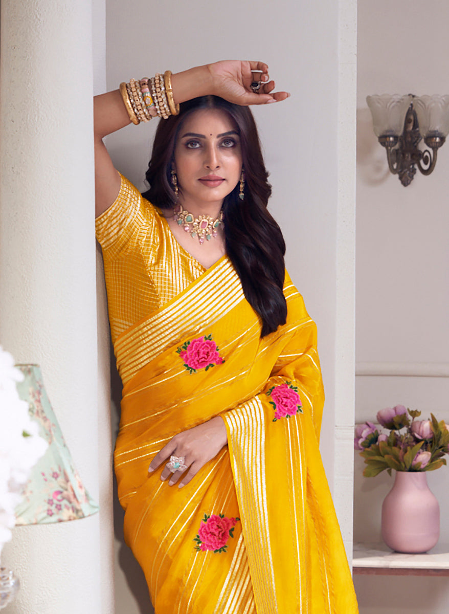 Laxmipati Totapuri Yellow Chiffon Floral Embroidered Saree