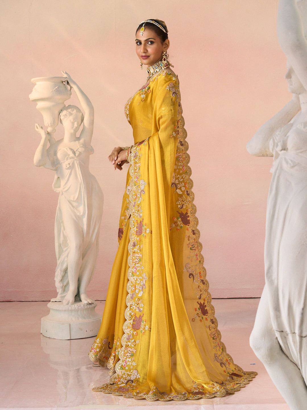 Laxmipati Kesaar Bhog Tissue Organza Floral Embroidered Saree in Mustard Color