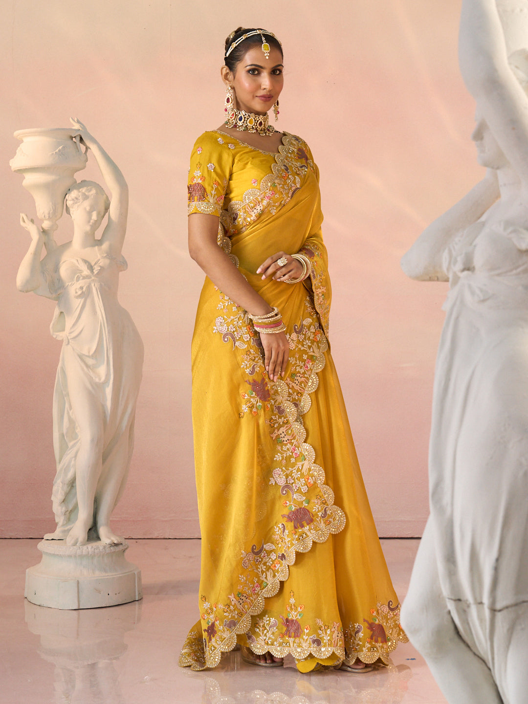 Laxmipati Kesaar Bhog Tissue Organza Floral Embroidered Saree in Mustard Color
