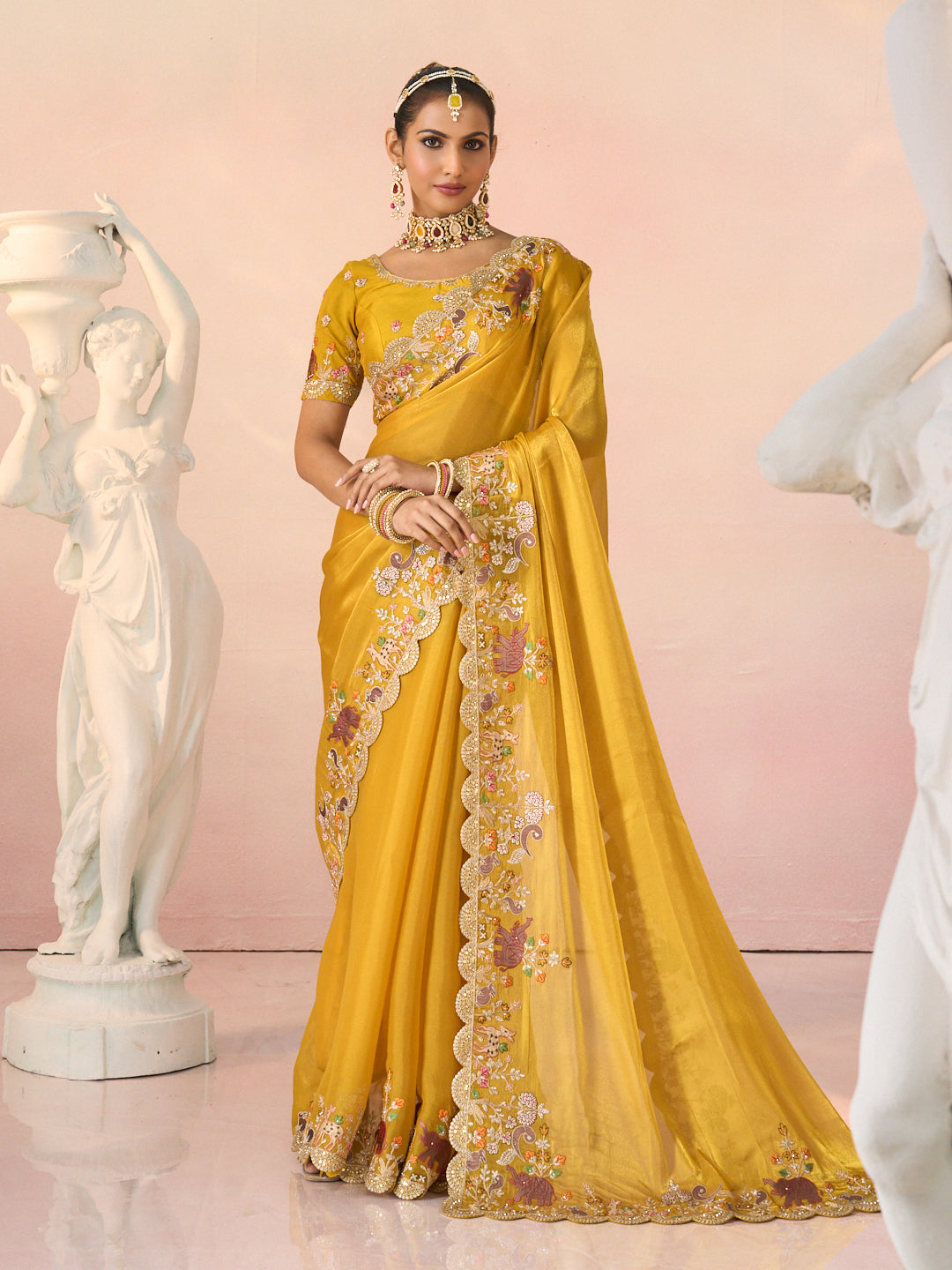 Laxmipati Kesaar Bhog Tissue Organza Floral Embroidered Saree in Mustard Color
