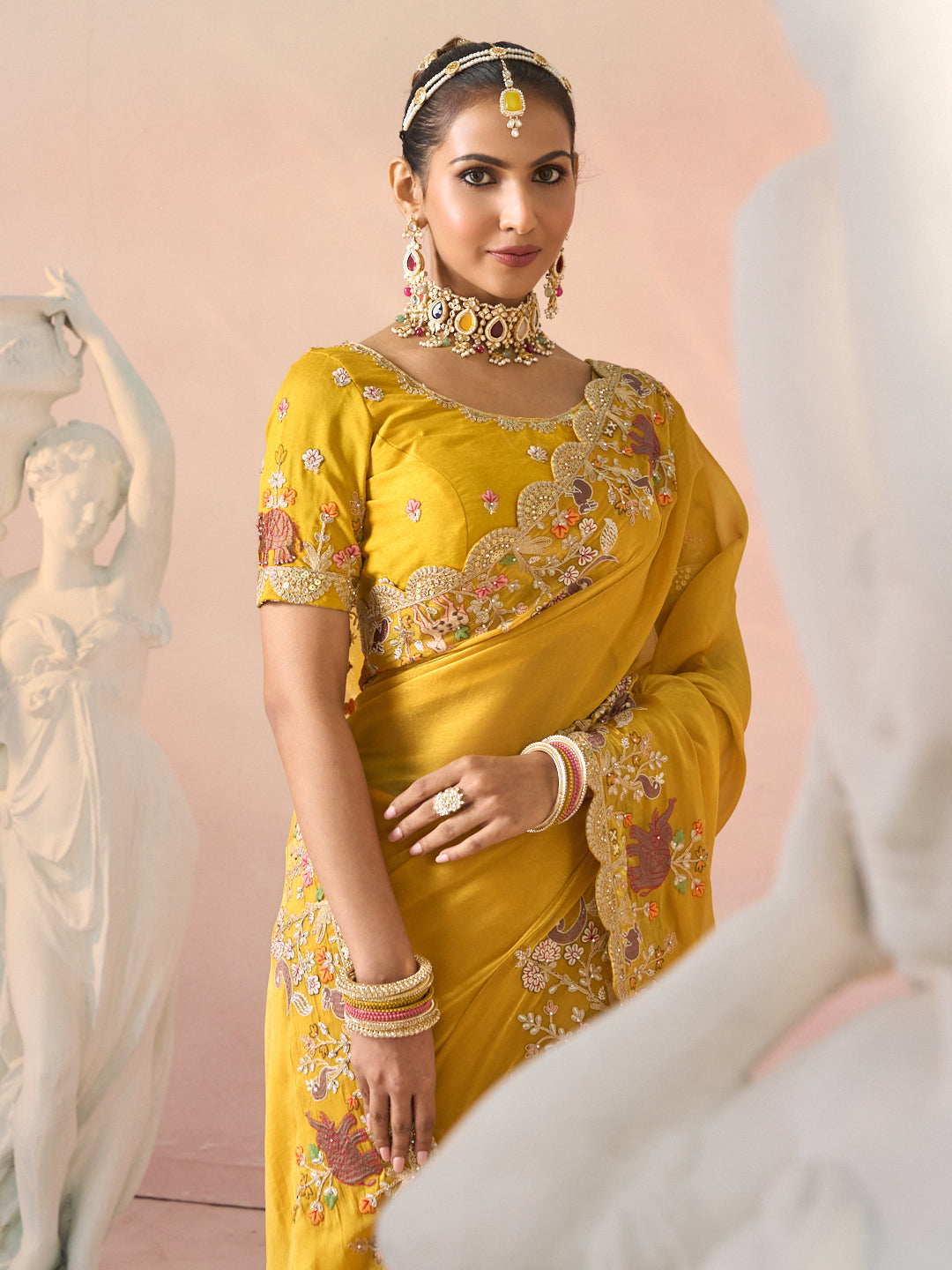 Laxmipati Kesaar Bhog Tissue Organza Floral Embroidered Saree in Mustard Color