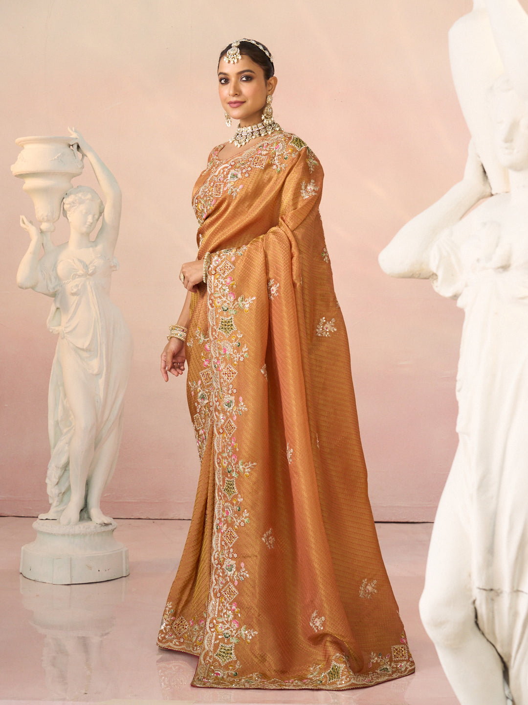 Laxmipati Kesaar Bhog Silk Floral Embroidered Saree in Orange Color