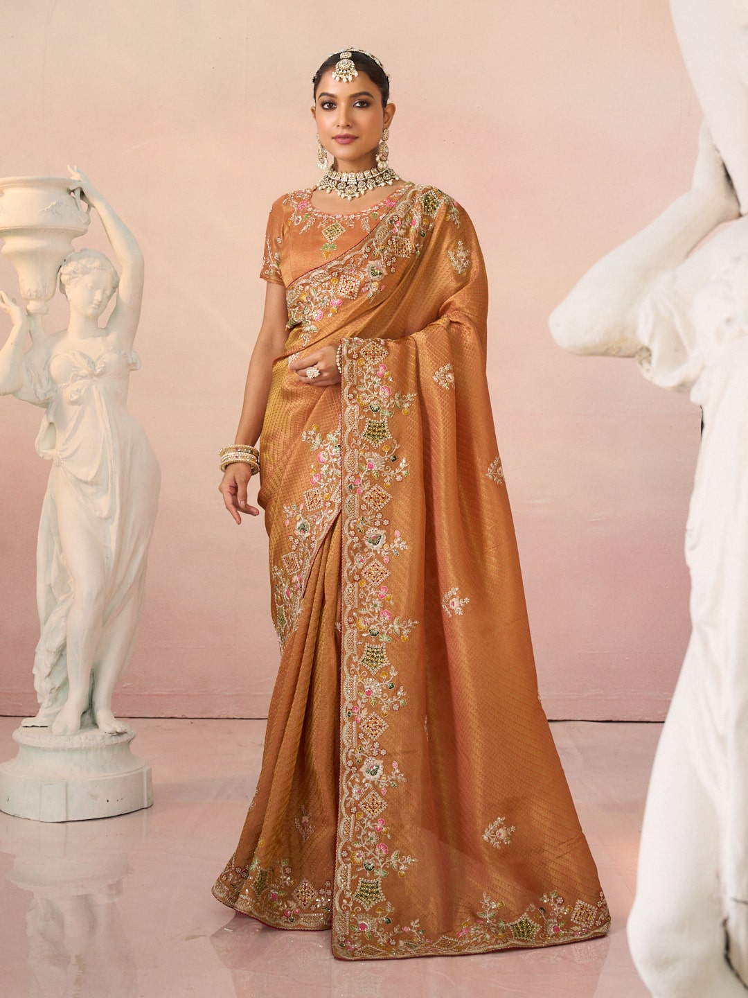 Laxmipati Kesaar Bhog Silk Floral Embroidered Saree in Orange Color