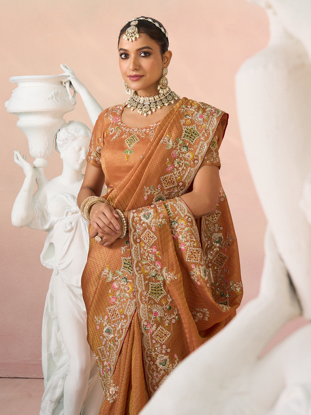 Laxmipati Kesaar Bhog Silk Floral Embroidered Saree in Orange Color