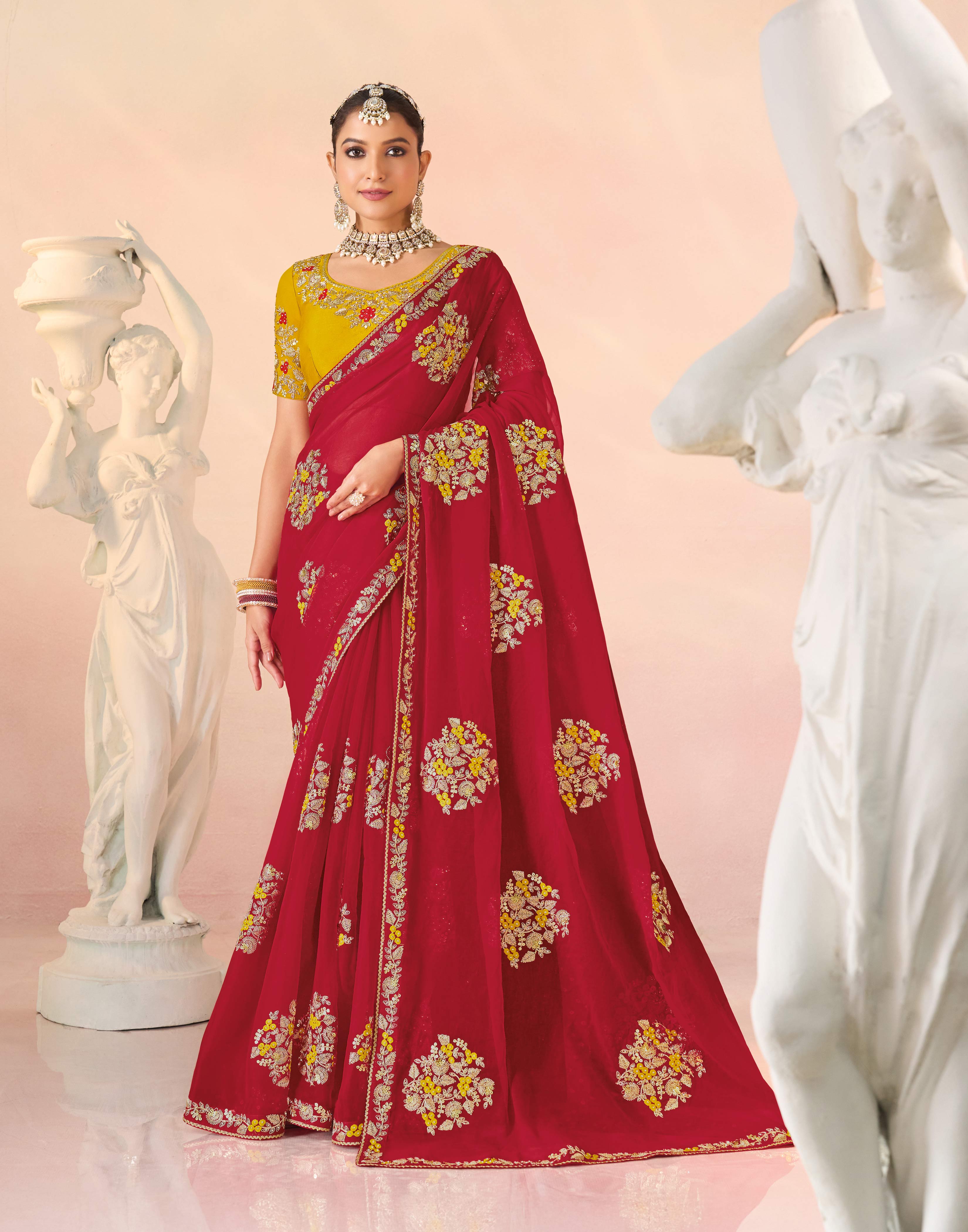 Laxmipati Kesaar Bhog Tissue Organza Floral Embroidered Saree in Red Color