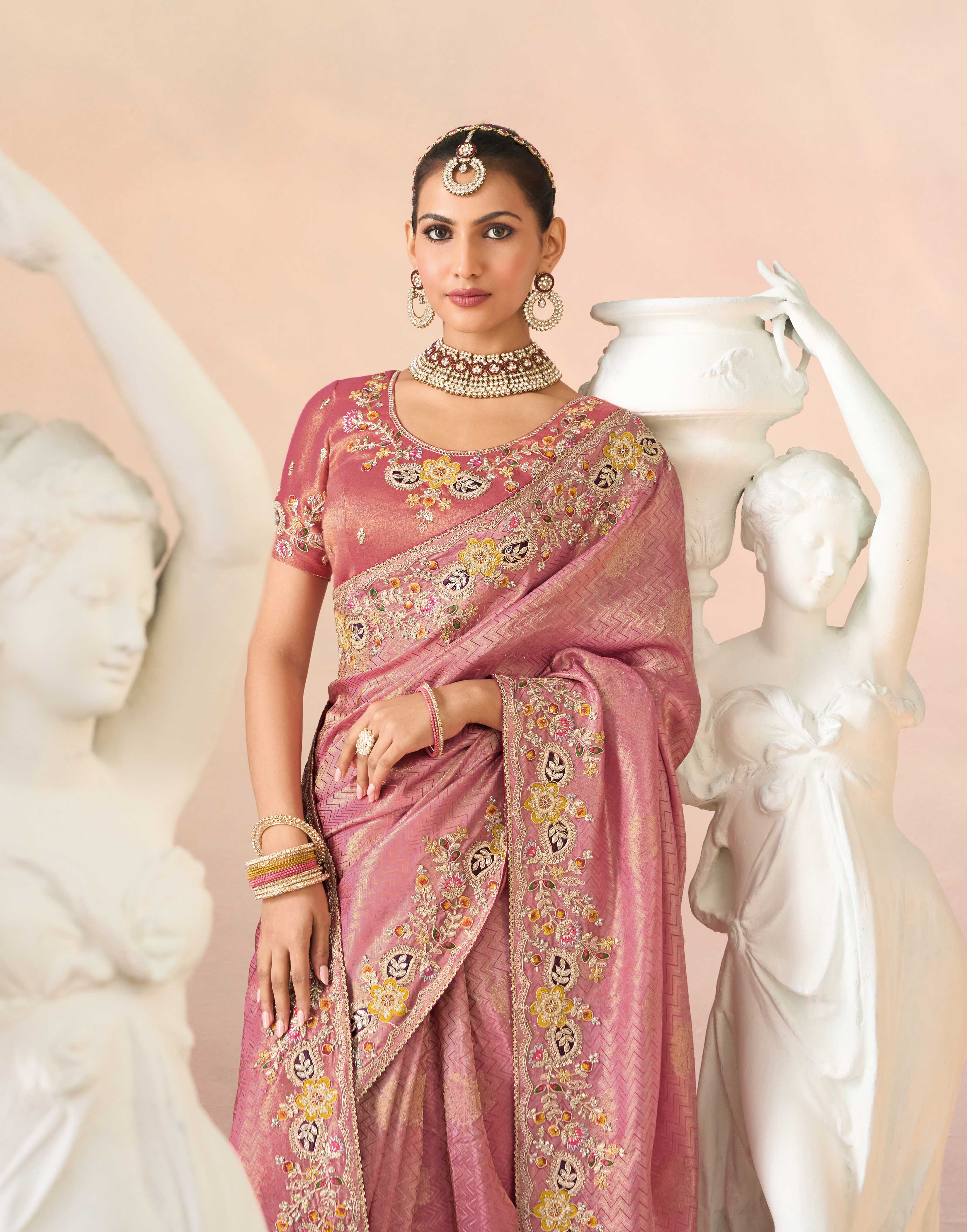 Laxmipati Kesaar Bhog Silk Floral Embroidered Saree in Pink Color