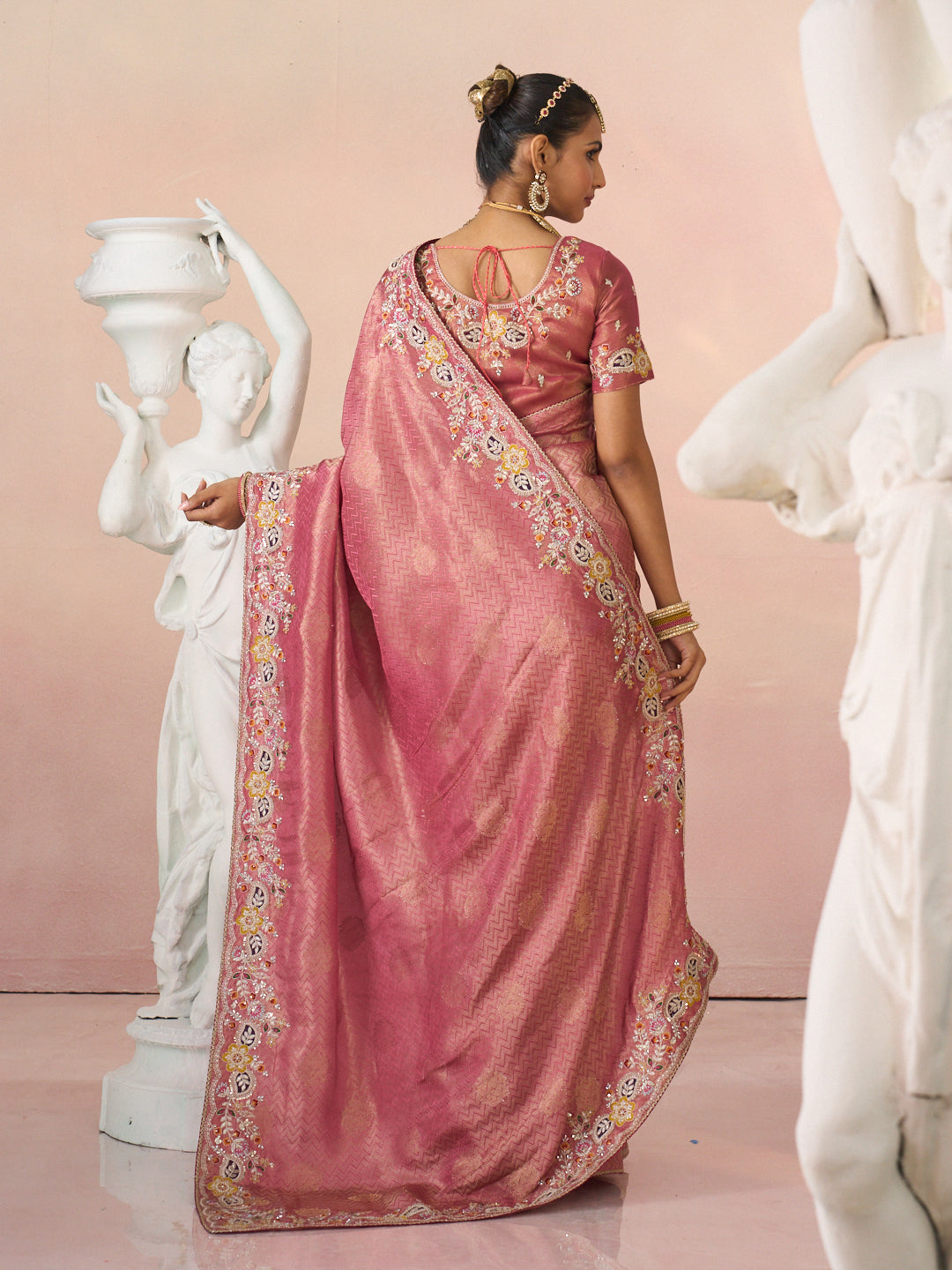 Laxmipati Kesaar Bhog Silk Floral Embroidered Saree in Pink Color