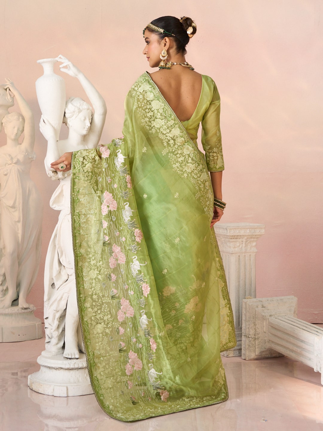 Laxmipati Kesaar Bhog Tissue Organza Floral Embroidered Saree in Green Color