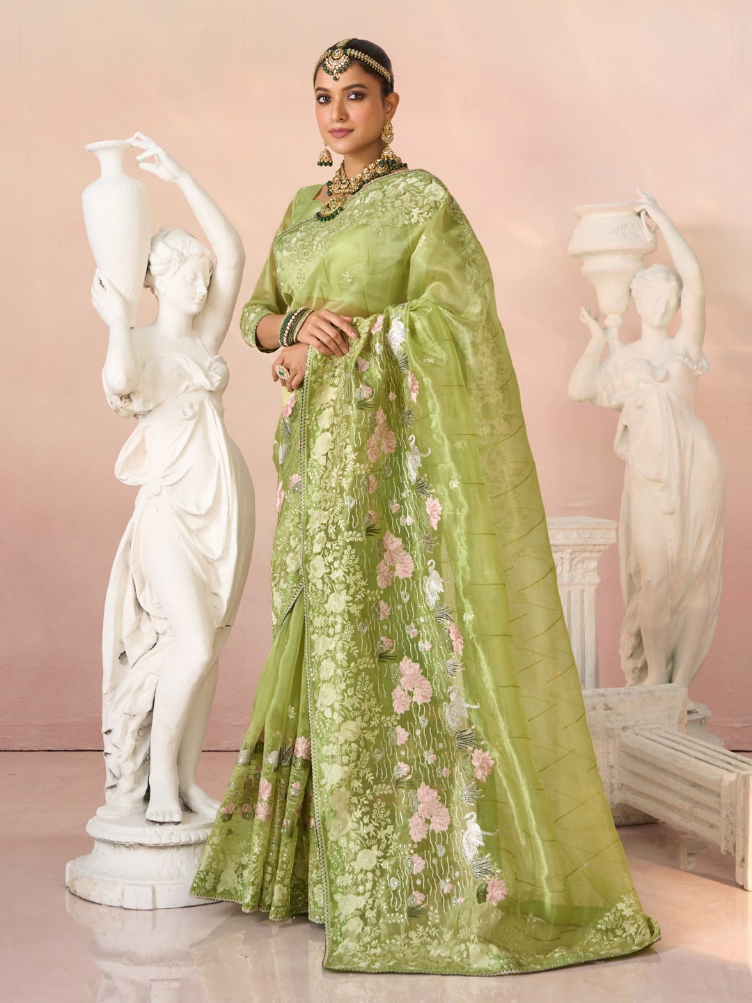 Laxmipati Kesaar Bhog Tissue Organza Floral Embroidered Saree in Green Color