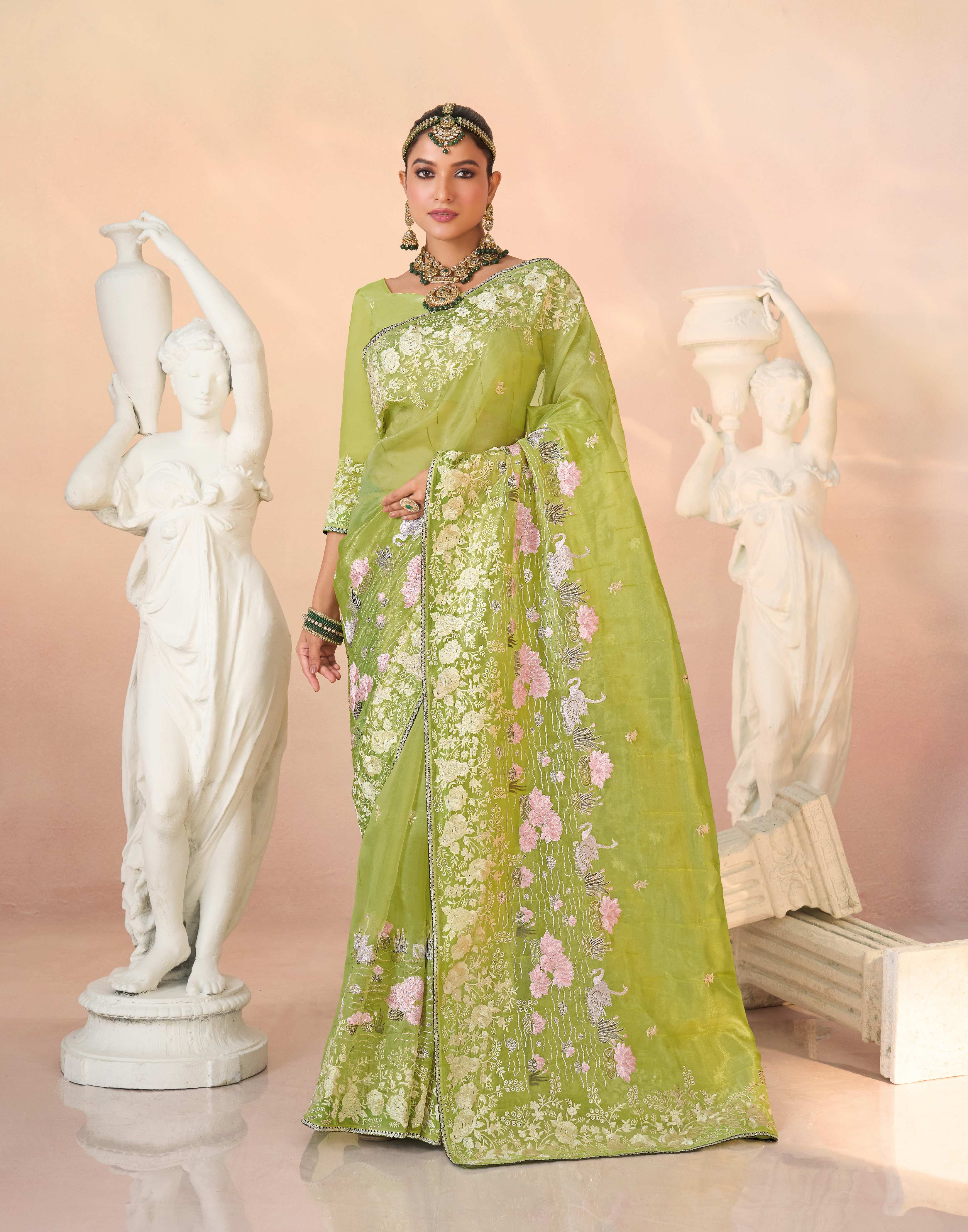 Laxmipati Kesaar Bhog Tissue Organza Floral Embroidered Saree in Green Color