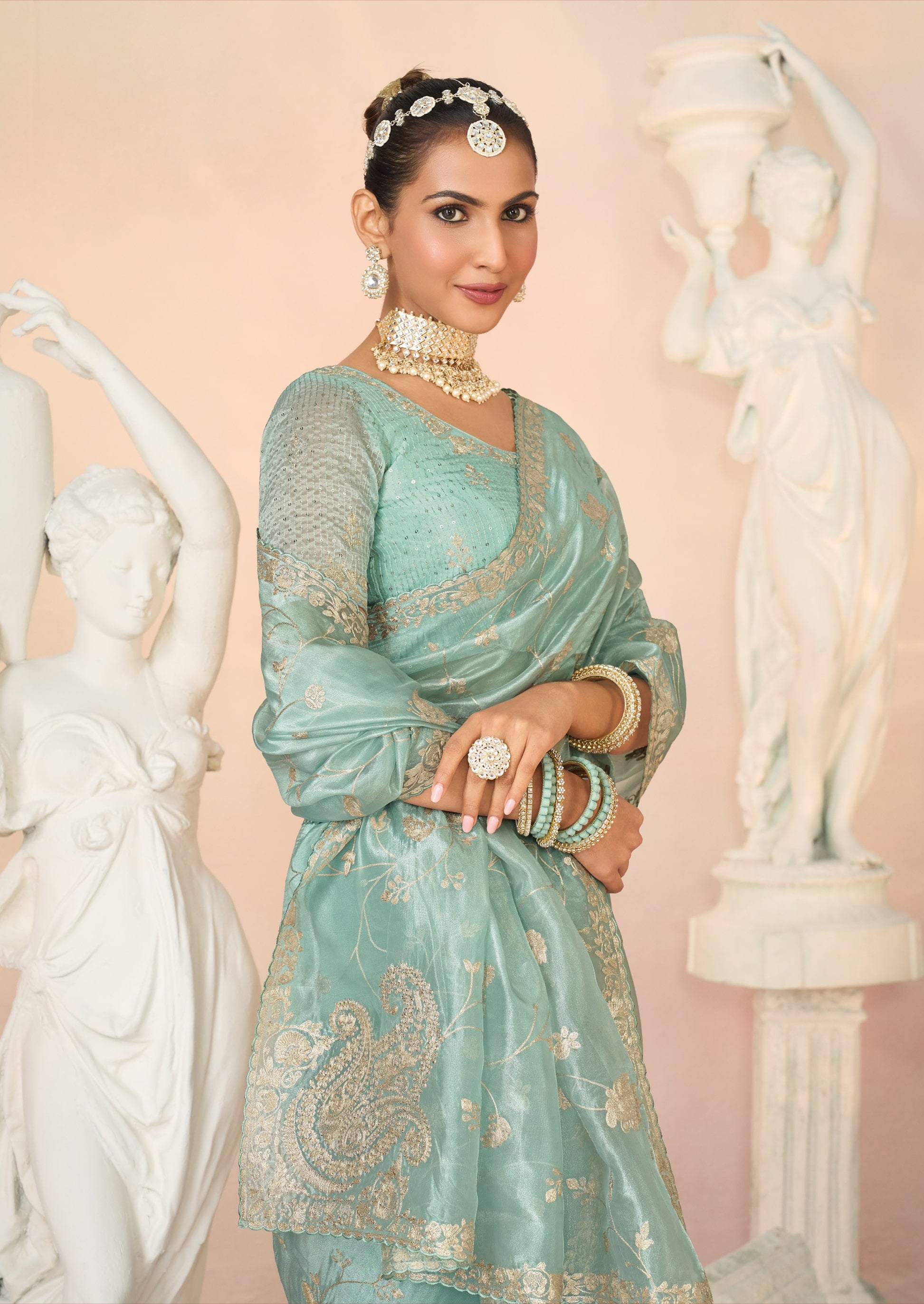 Laxmipati Kesaar Bhog Tissue Organza Floral Embroidered Saree in Pastel Blue Color