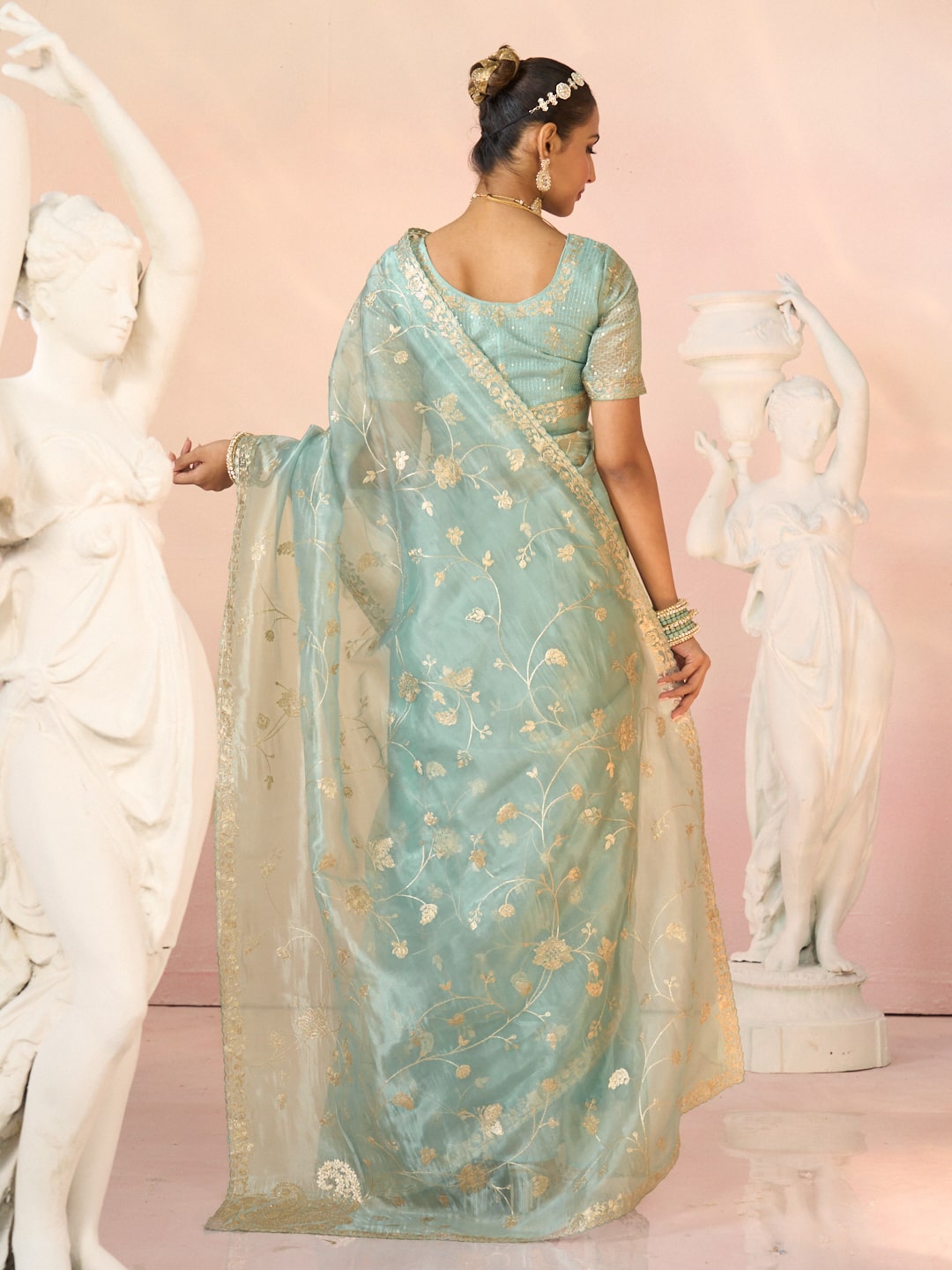 Laxmipati Kesaar Bhog Tissue Organza Floral Embroidered Saree in Pastel Blue Color