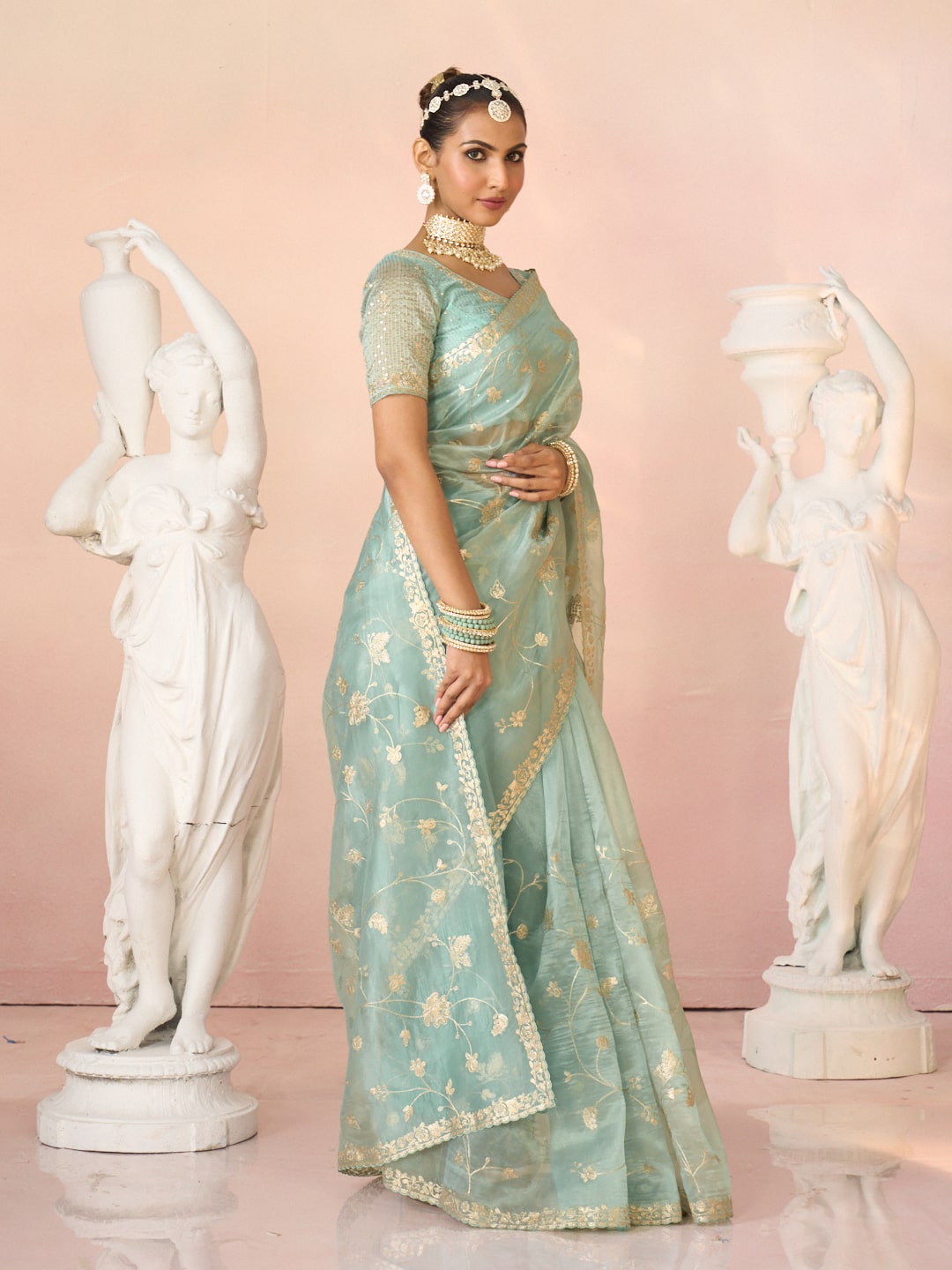 Laxmipati Kesaar Bhog Tissue Organza Floral Embroidered Saree in Pastel Blue Color
