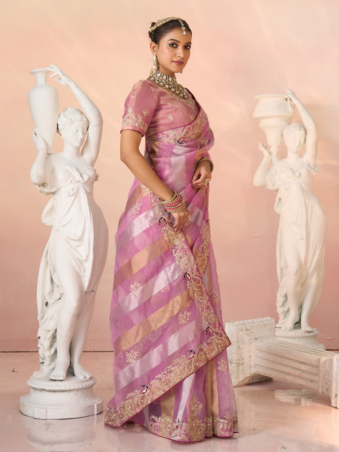 Laxmipati Kesaar Bhog Tissue Organza Floral Embroidered Saree in Pink Color