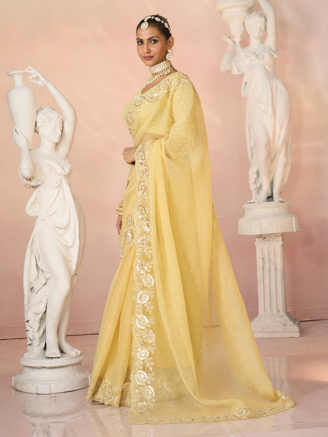 Laxmipati Kesaar Bhog Tissue Organza Floral Embroidered Saree in Yellow Color