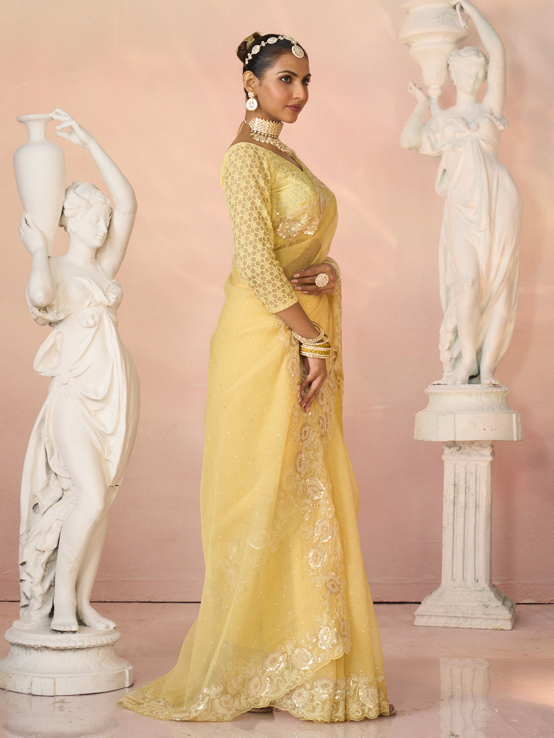 Laxmipati Kesaar Bhog Tissue Organza Floral Embroidered Saree in Yellow Color