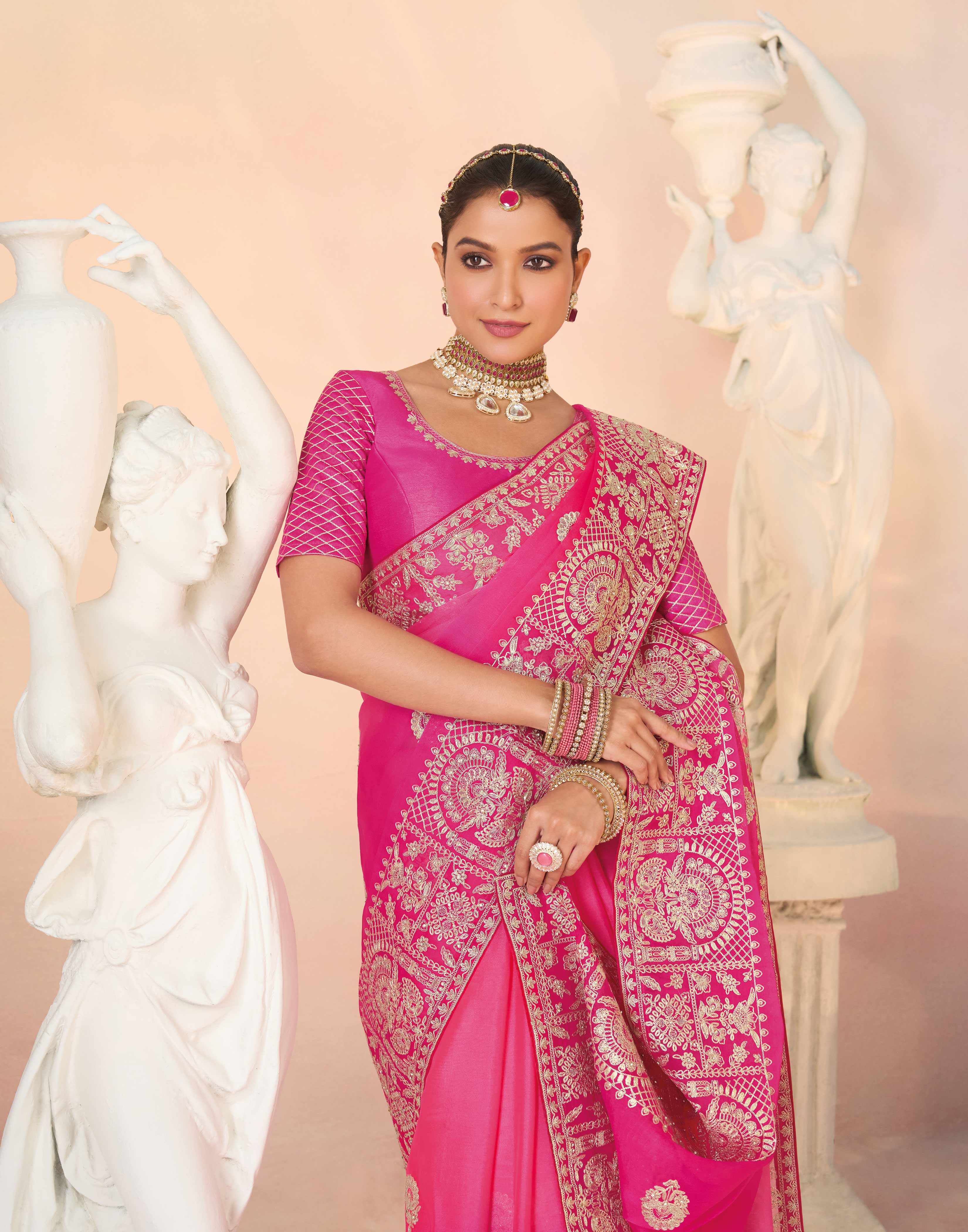 Laxmipati Kesaar Bhog Tissue Organza Floral Embroidered Saree in Pink Color
