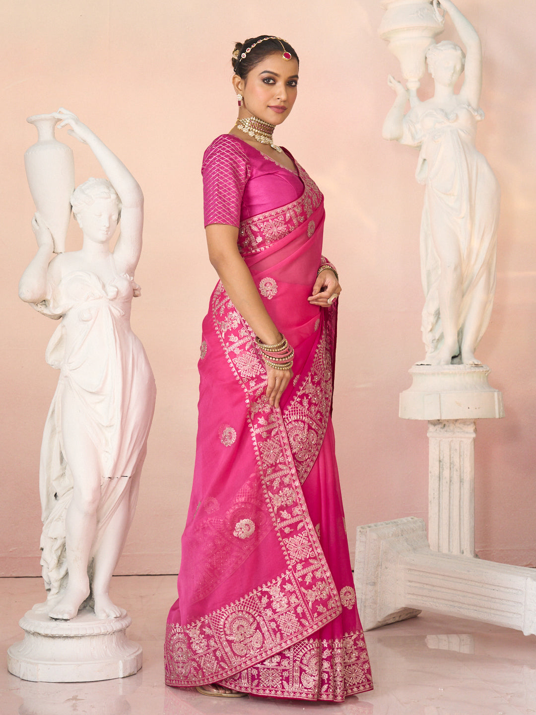 Laxmipati Kesaar Bhog Tissue Organza Floral Embroidered Saree in Pink Color
