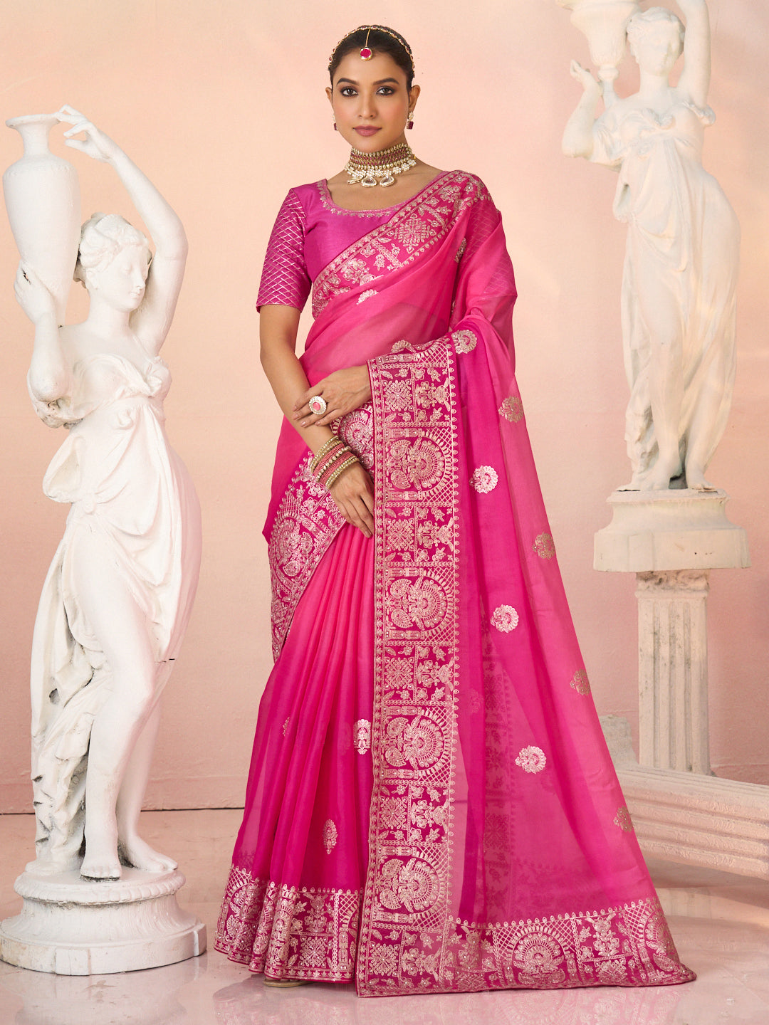 Laxmipati Kesaar Bhog Tissue Organza Floral Embroidered Saree in Pink Color
