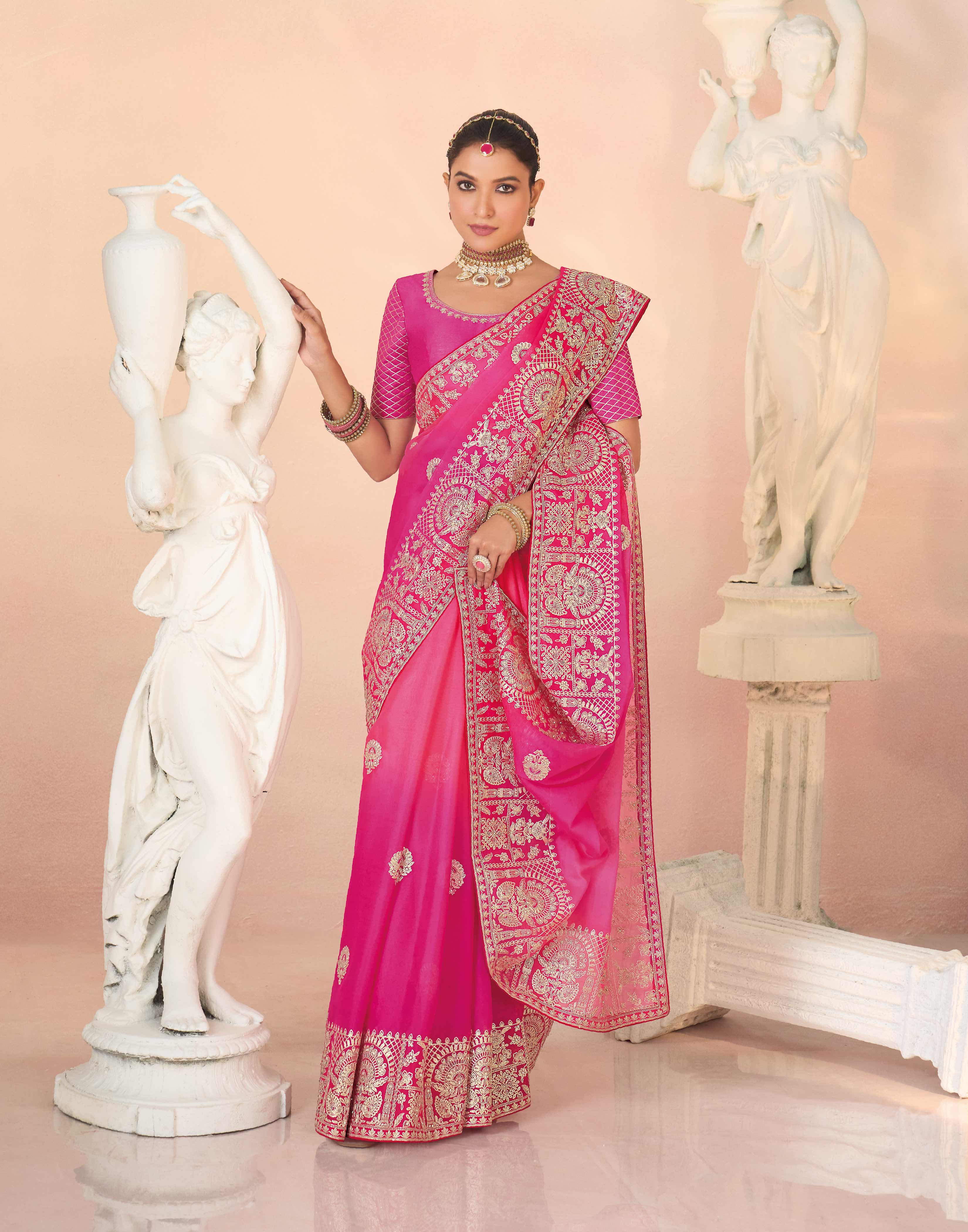 Laxmipati Kesaar Bhog Tissue Organza Floral Embroidered Saree in Pink Color