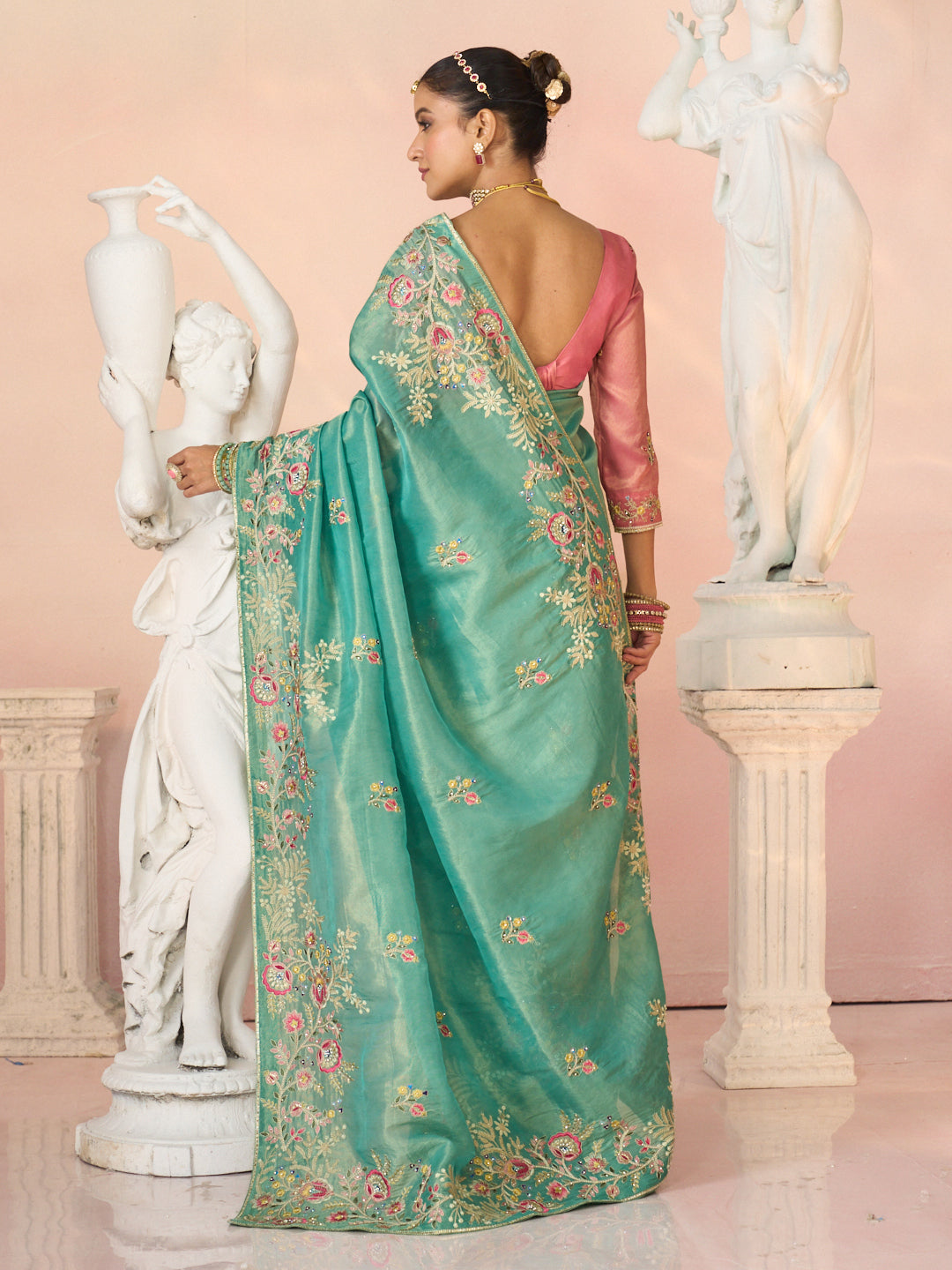 Laxmipati Kesaar Bhog Tissue Organza Floral Embroidered Saree in Teal Green Color