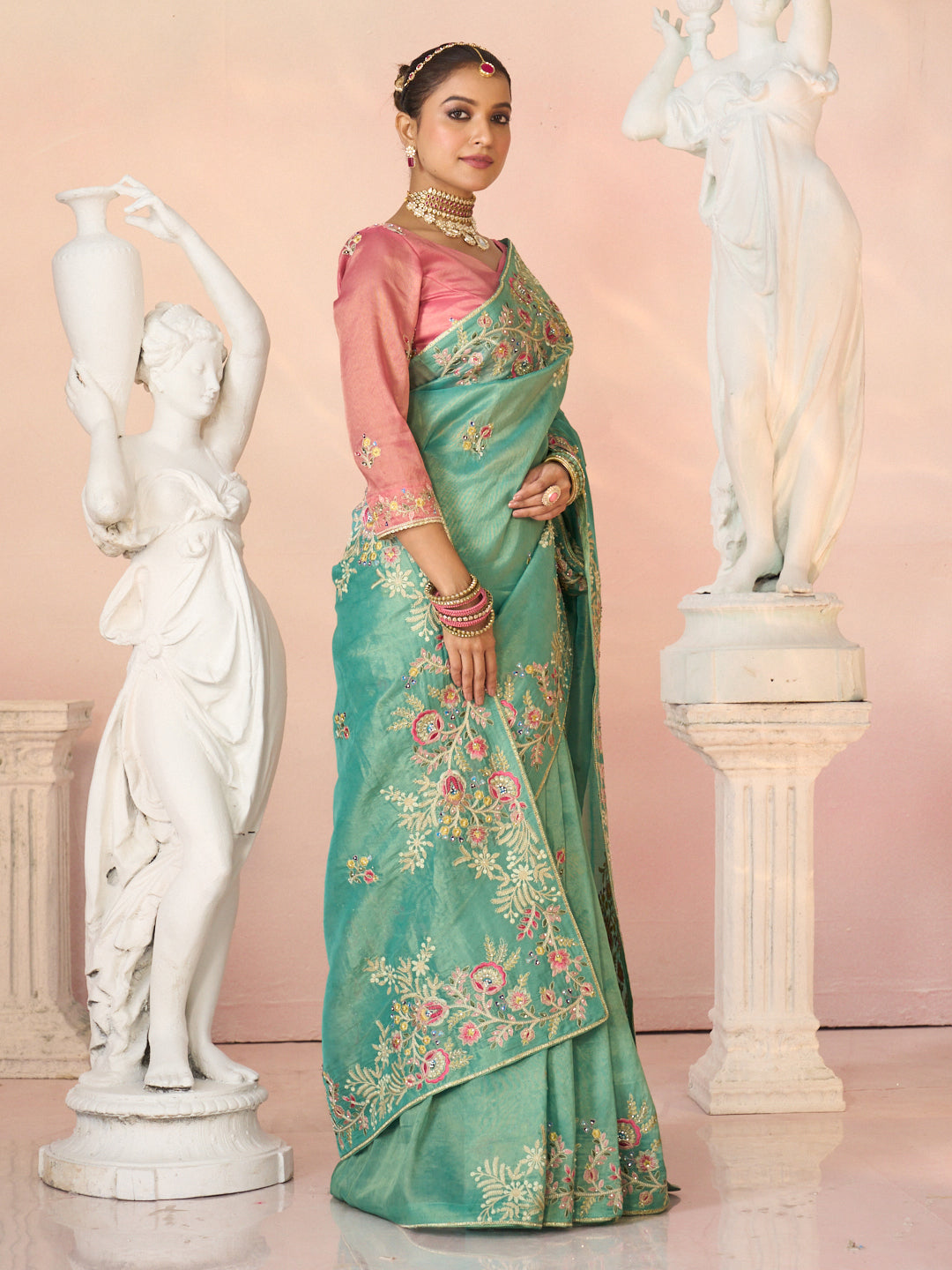 Laxmipati Kesaar Bhog Tissue Organza Floral Embroidered Saree in Teal Green Color