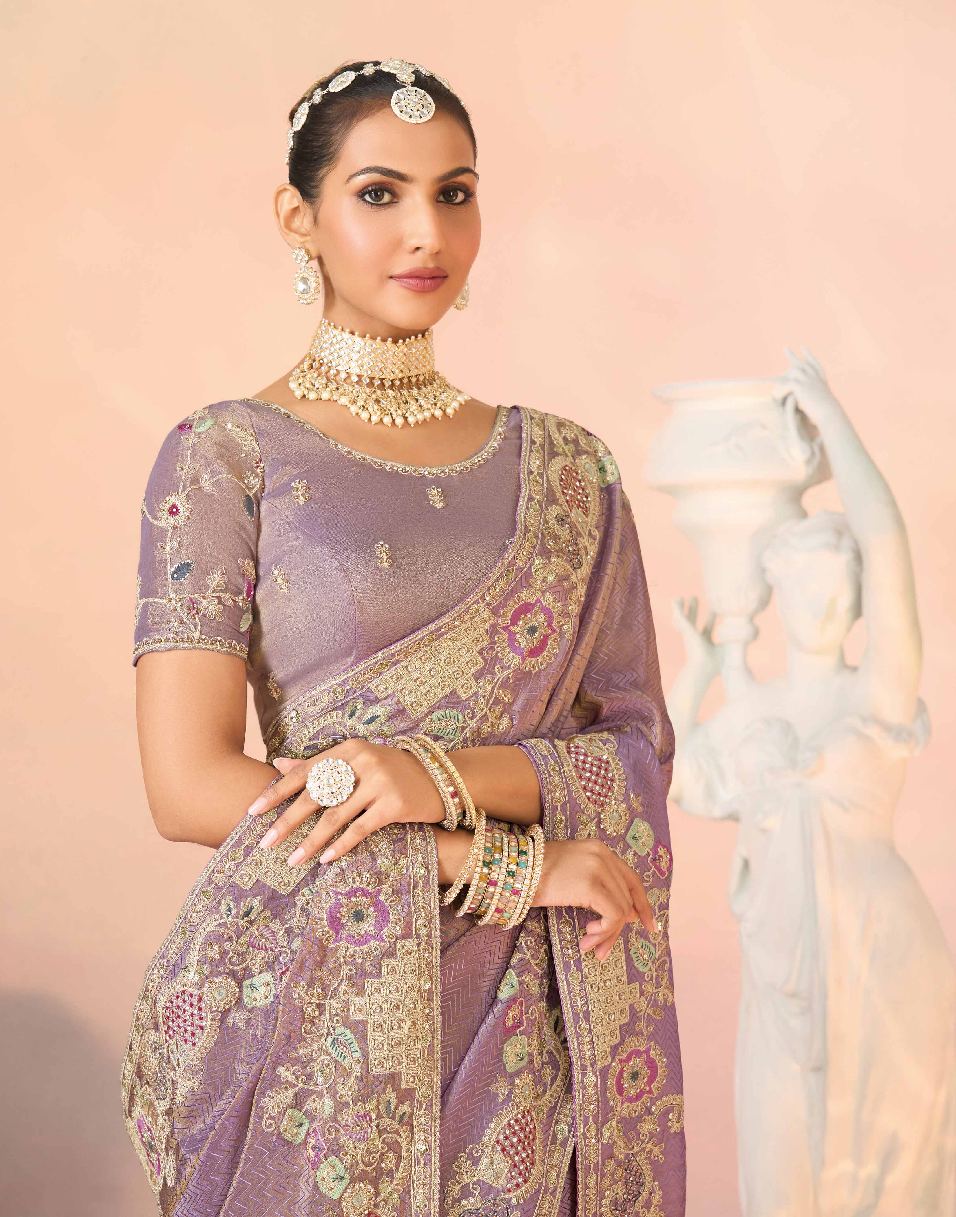 Laxmipati Kesaar Bhog Silk Floral Embroidered Saree in Purple Color