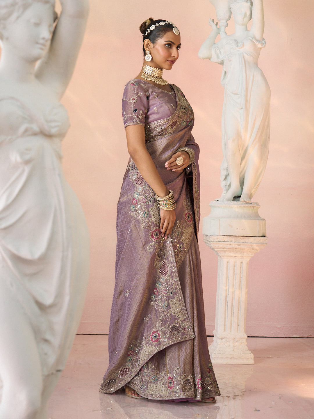 Laxmipati Kesaar Bhog Silk Floral Embroidered Saree in Purple Color