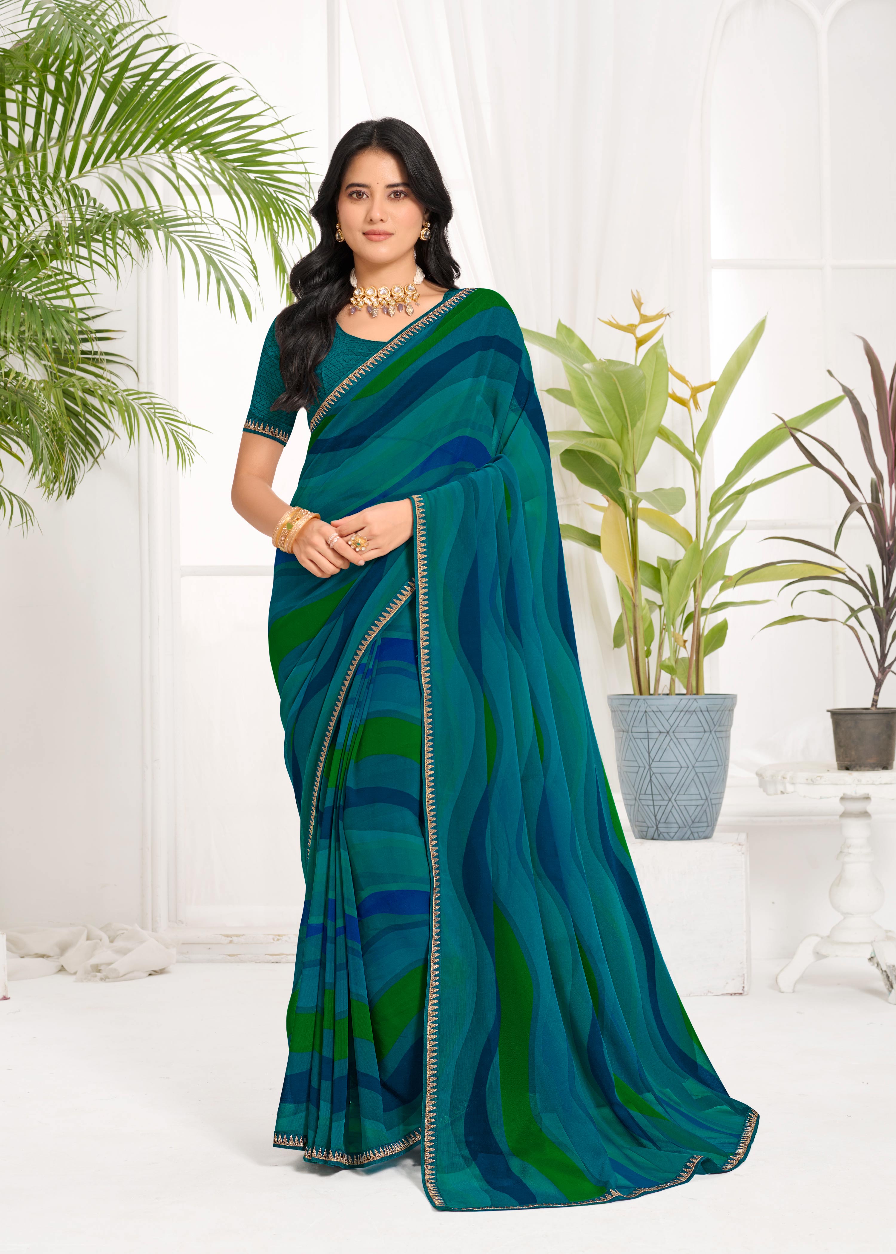 Laxmipati Purnima Geometric Georgette Printed Saree in Teal Blue Color