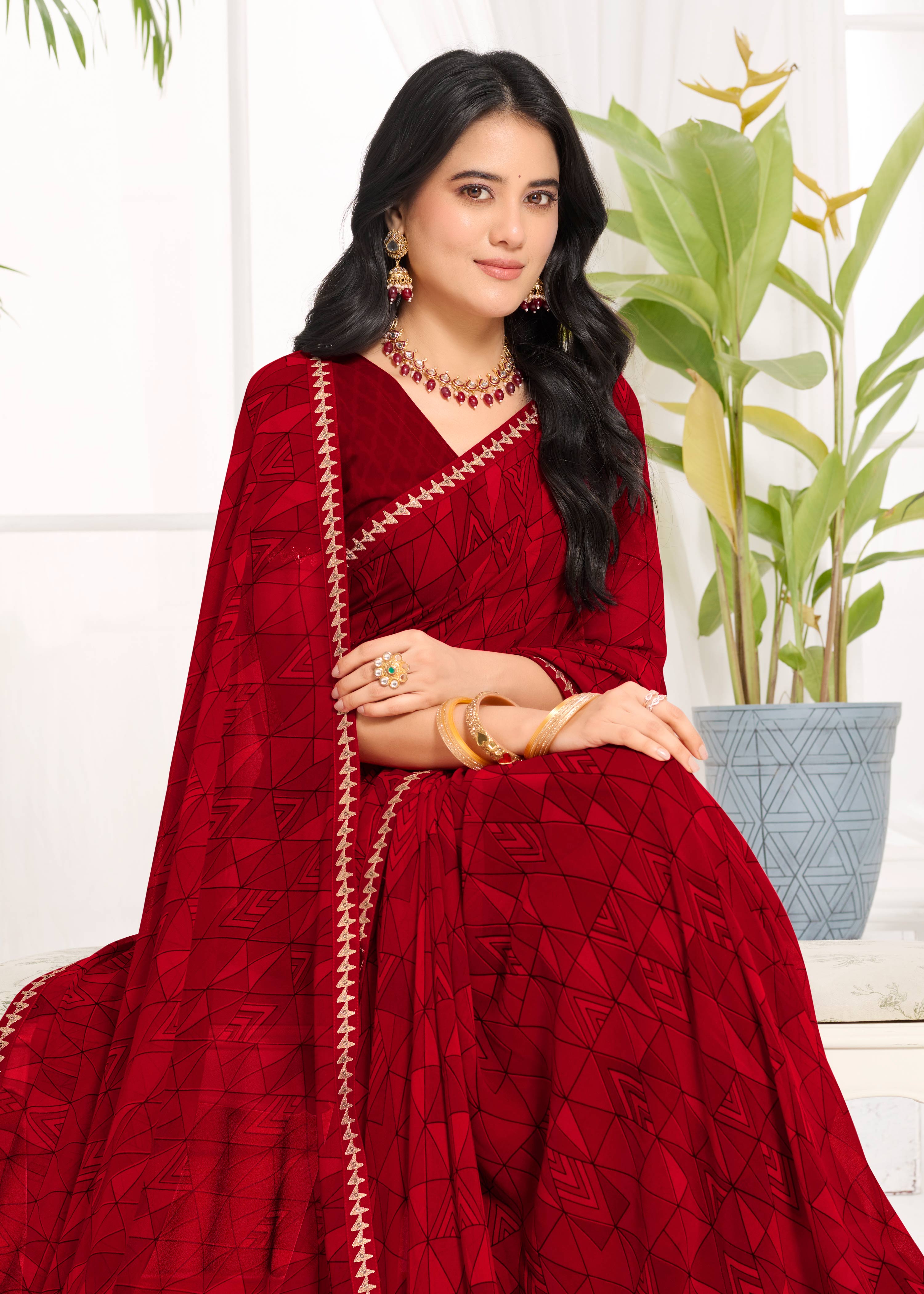 Laxmipati Purnima Geometric Georgette Printed Saree in Red Color