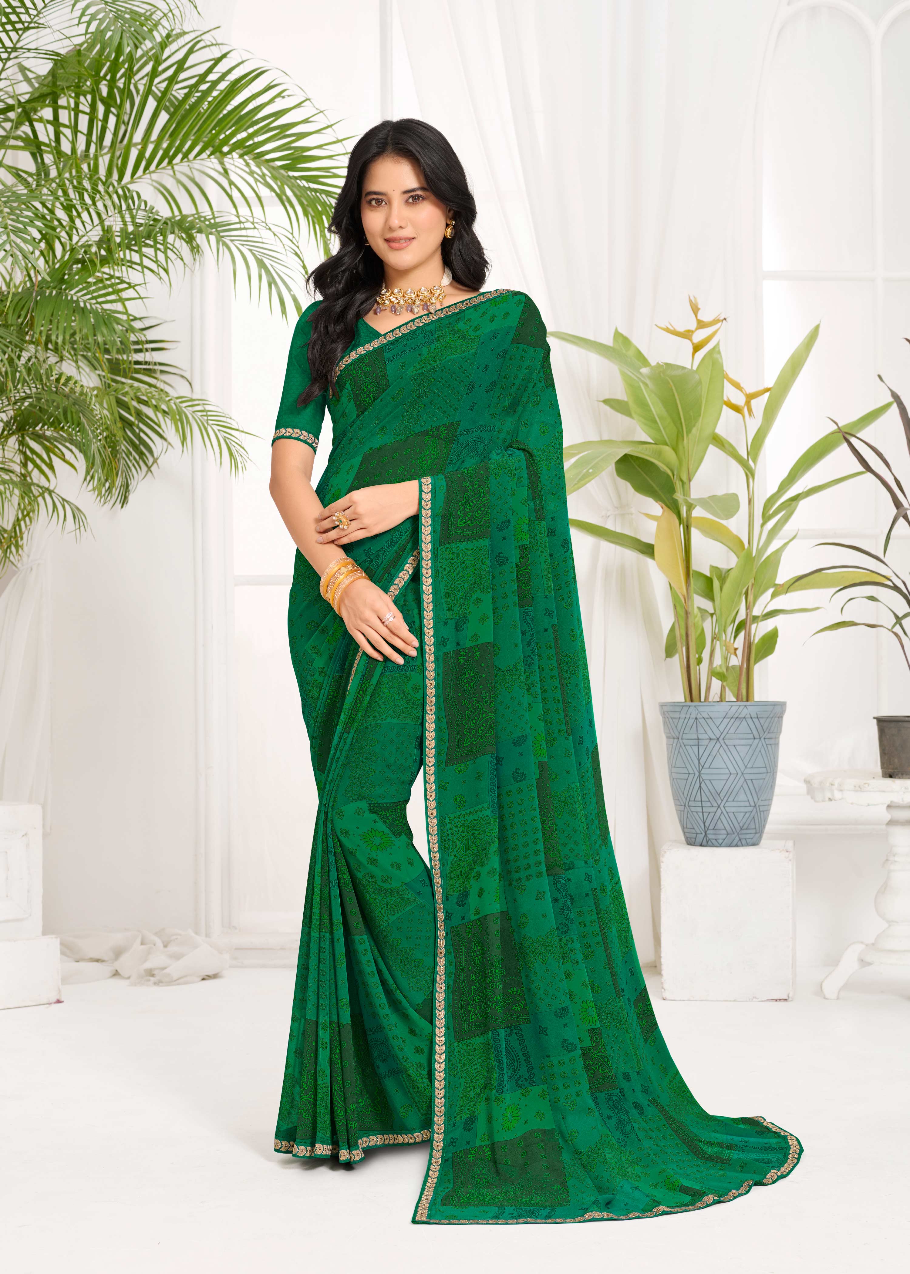 Laxmipati Purnima Geometric Georgette Printed Saree in Green Color