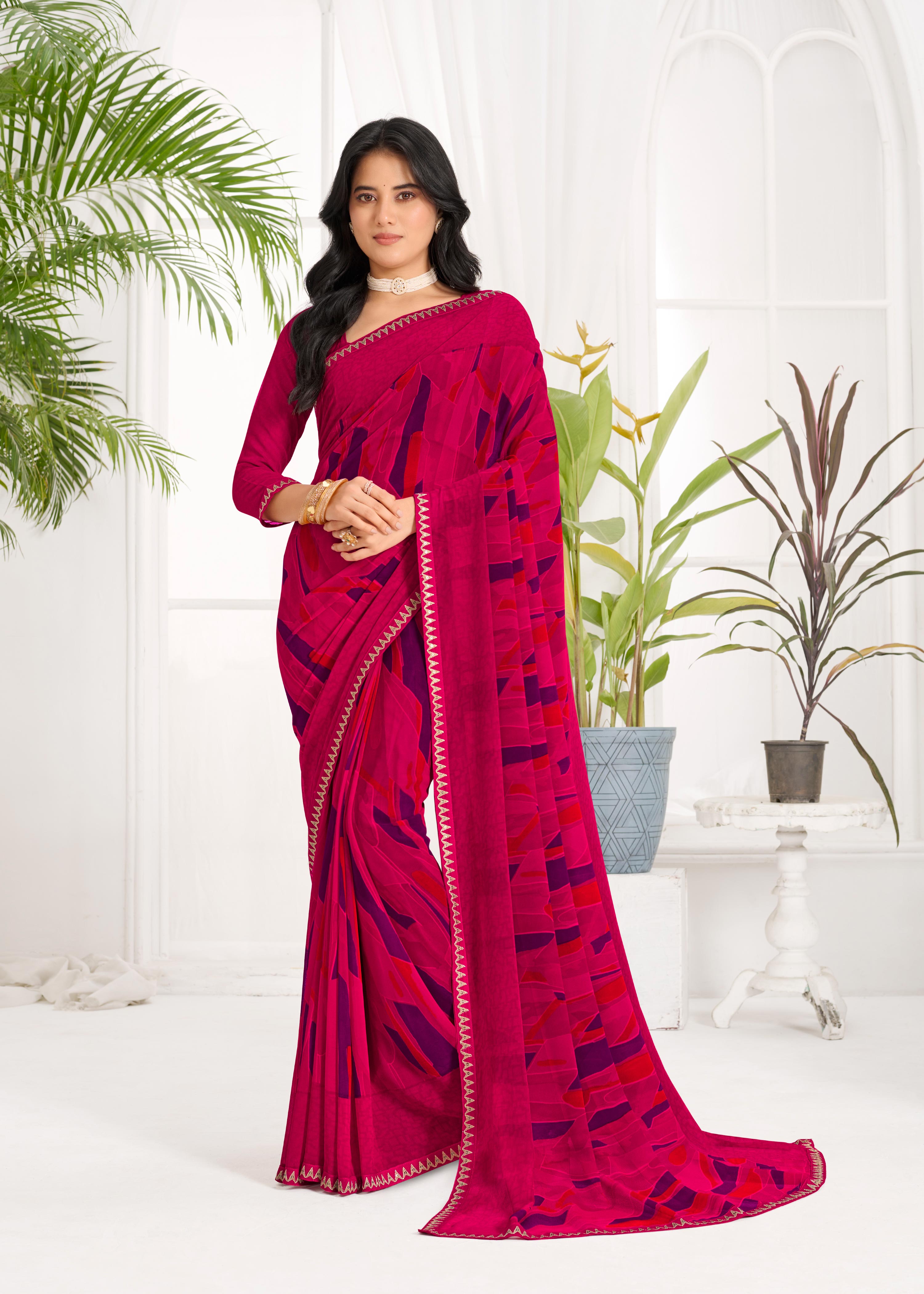 Laxmipati Purnima Geometric Georgette Printed Saree in Pink Color