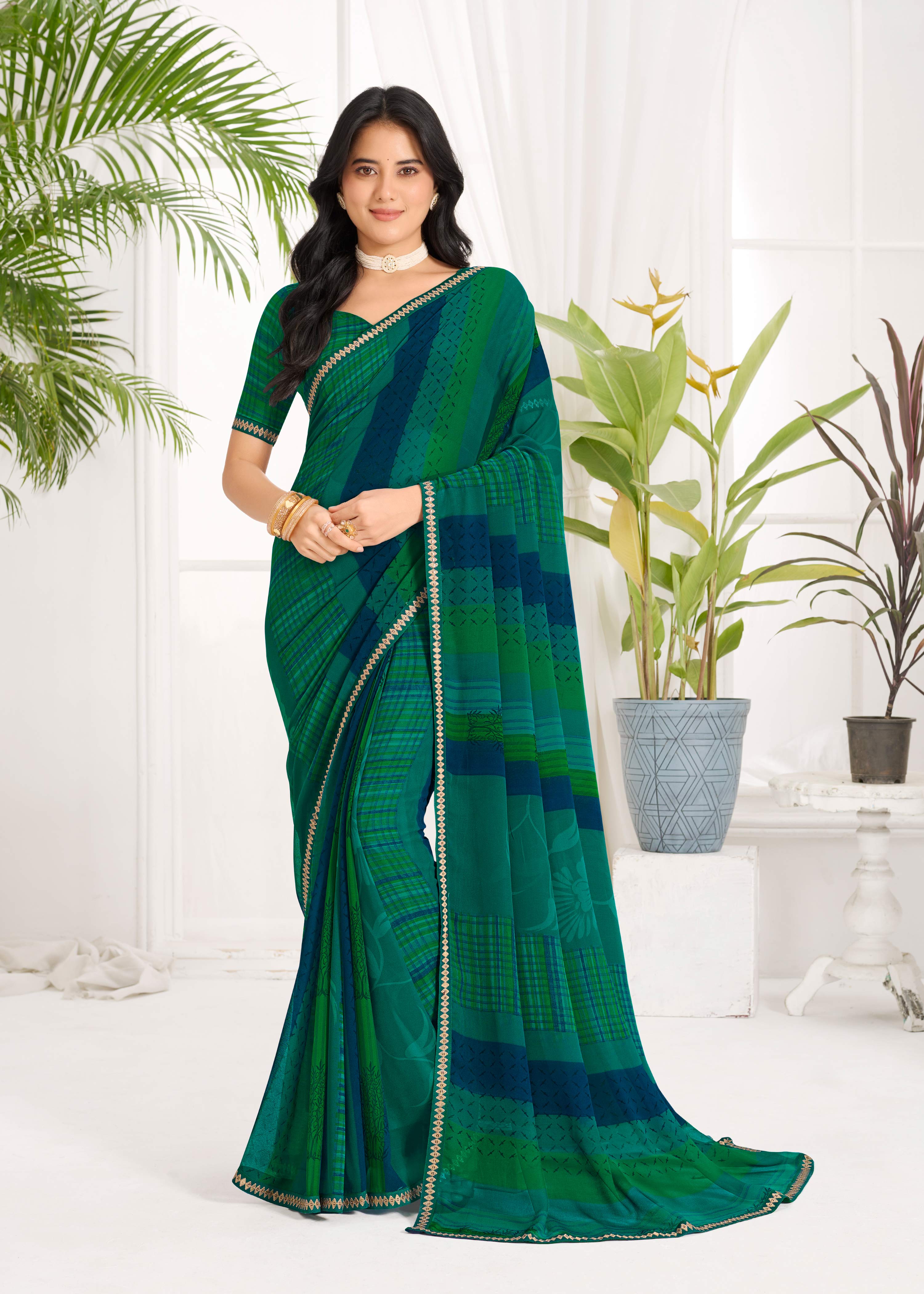 Laxmipati Purnima Geometric Georgette Printed Saree in Green Color