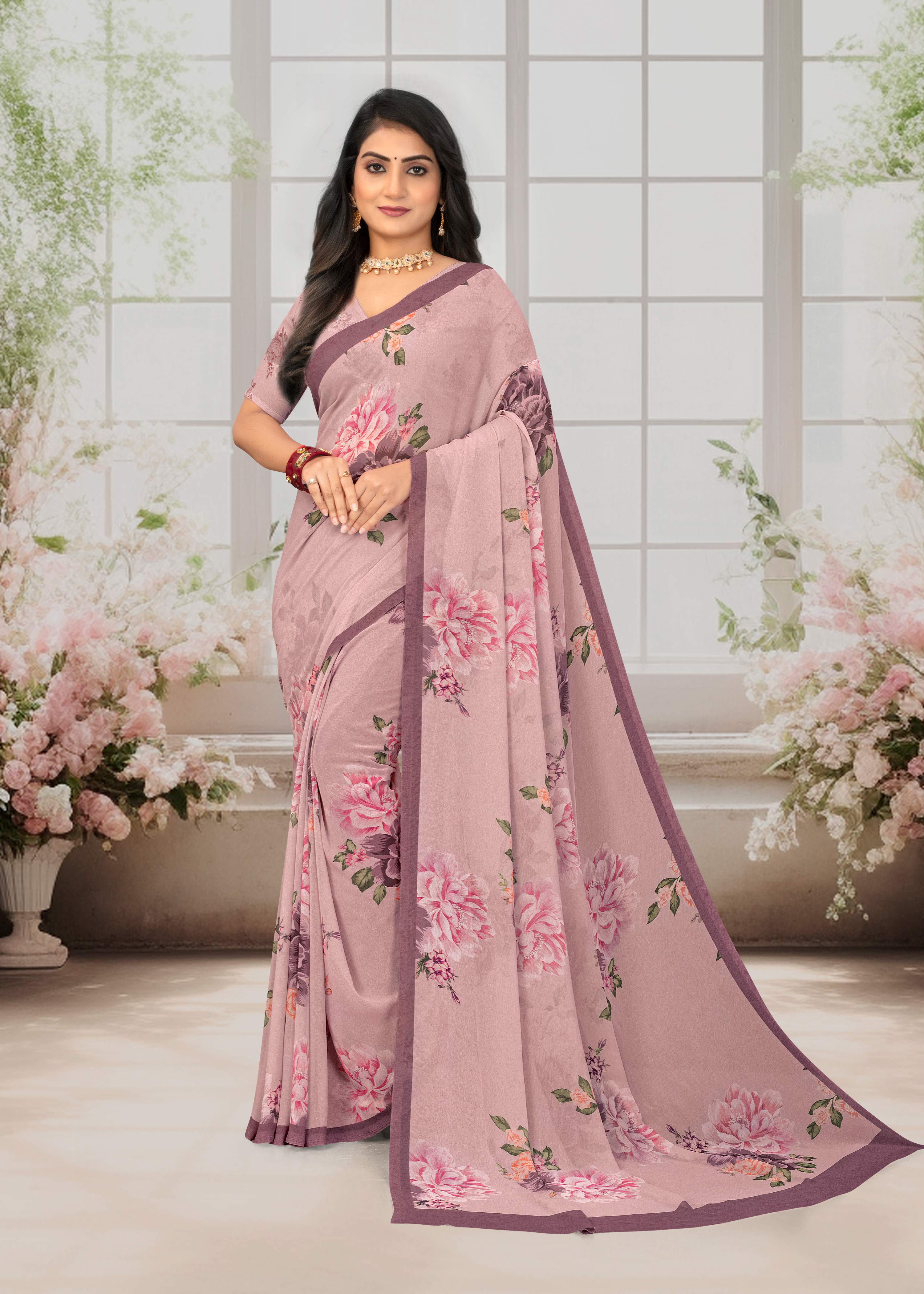 Laxmipati Basundi Floral Georgette Printed Saree in Lavender Color