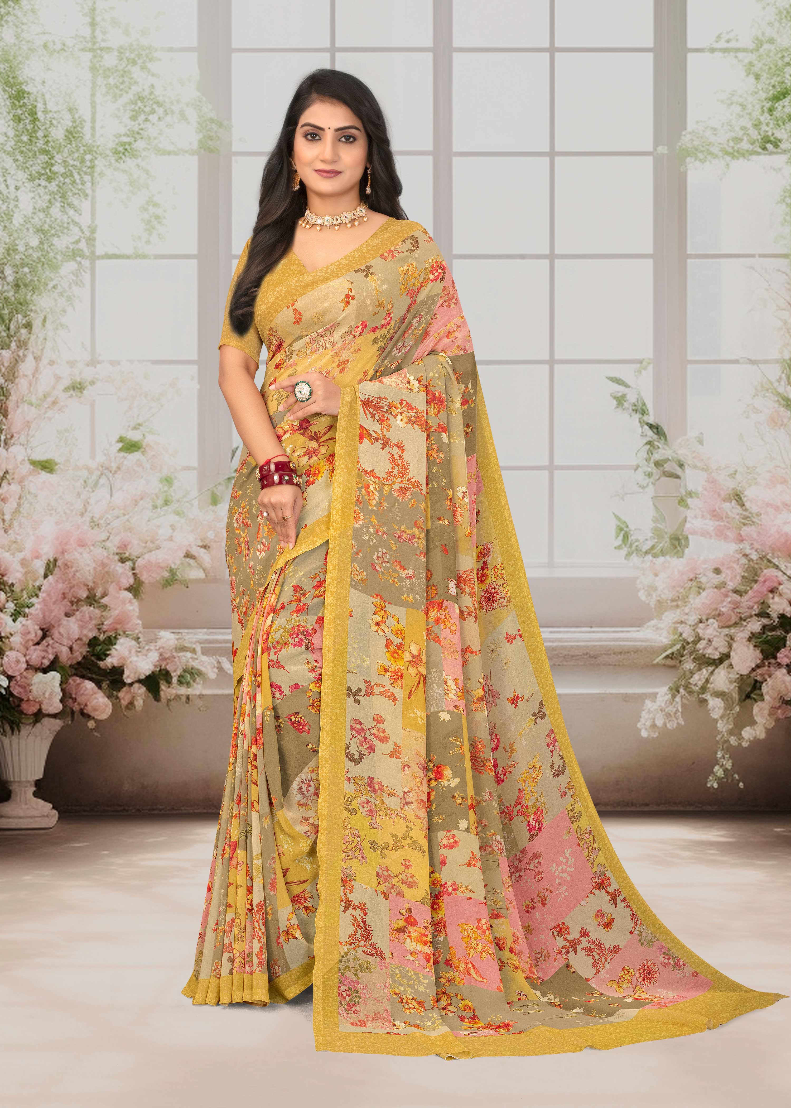 Laxmipati Basundi Floral Georgette Printed Saree in Mustard Color