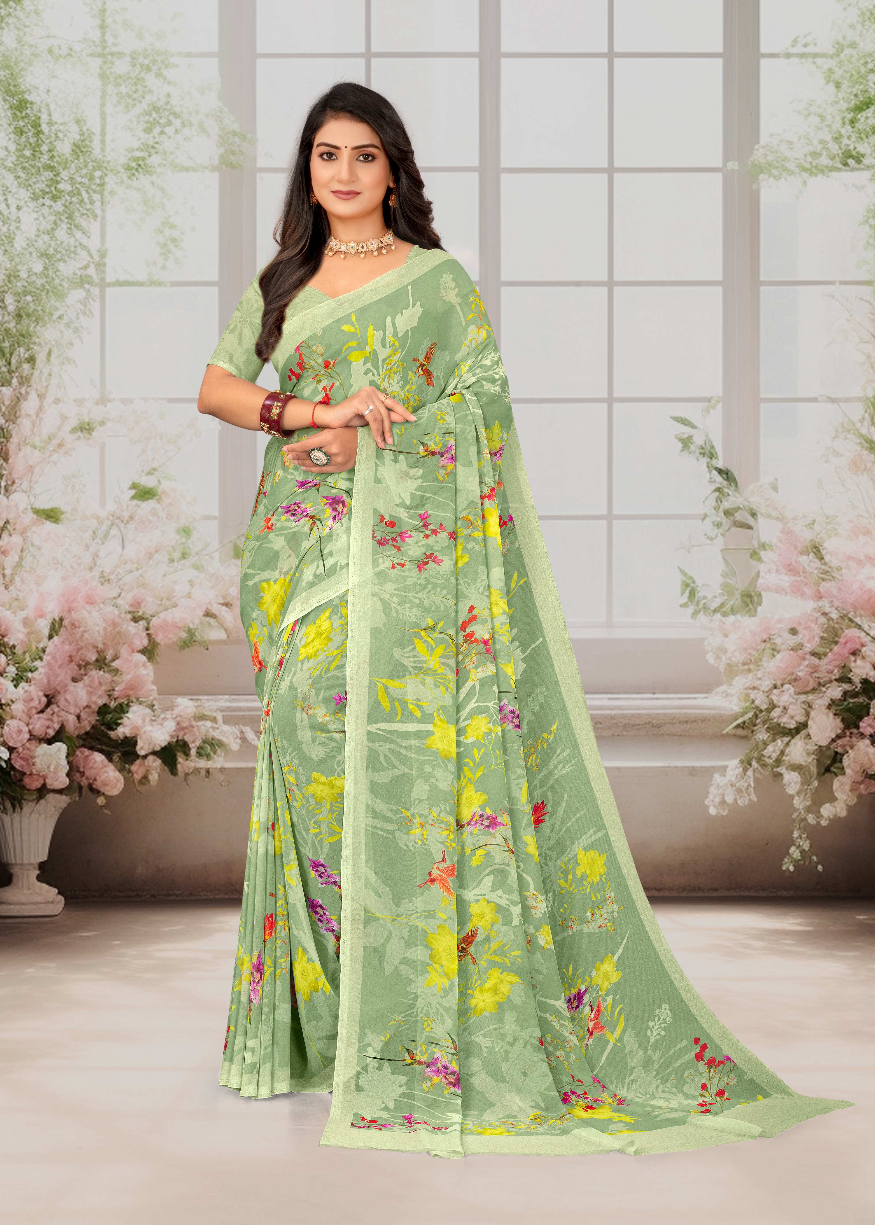 Laxmipati Basundi Floral Georgette Printed Saree in Green Color