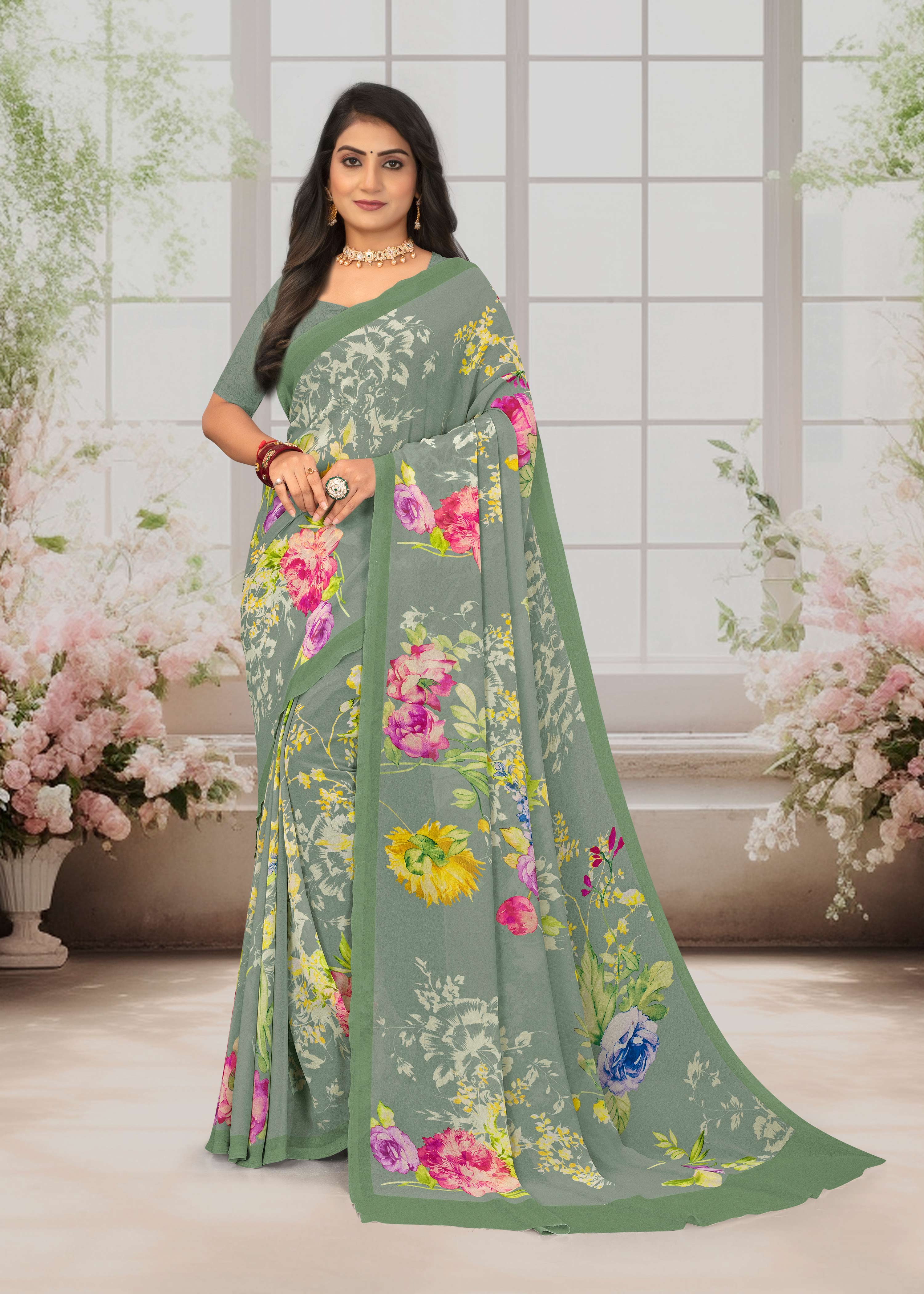 Laxmipati Basundi Floral Georgette Printed Saree in Olive Green Color