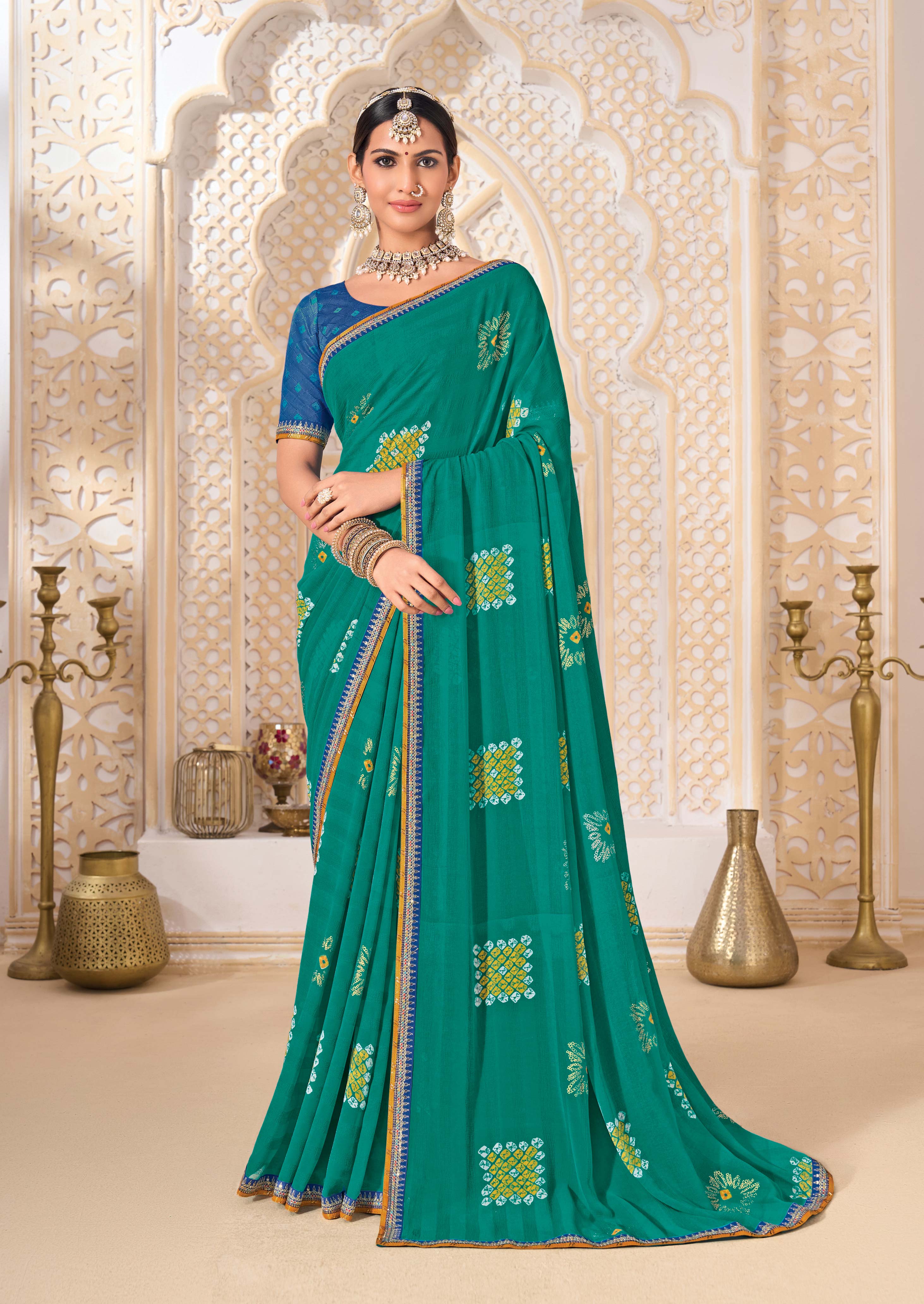 Laxmipati Ghoomar Teal Blue Georgette Floral Printed Saree